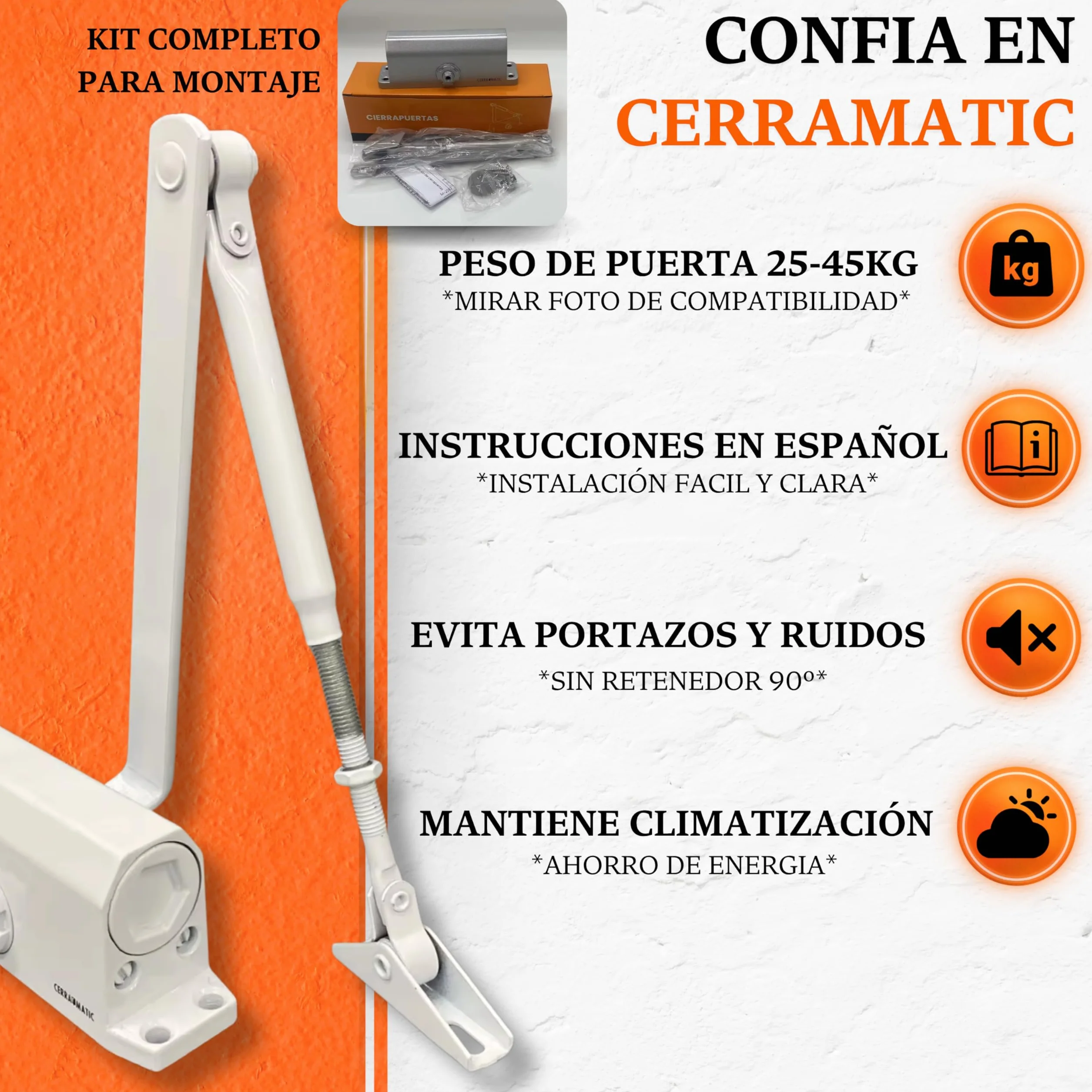 M-100, Cierrapuertas automatico, muelle puerta con brazo articulado hidráulico, muelle cierrapuertas de 25-40kg, cierre puerta, cierra puertas automatica.
