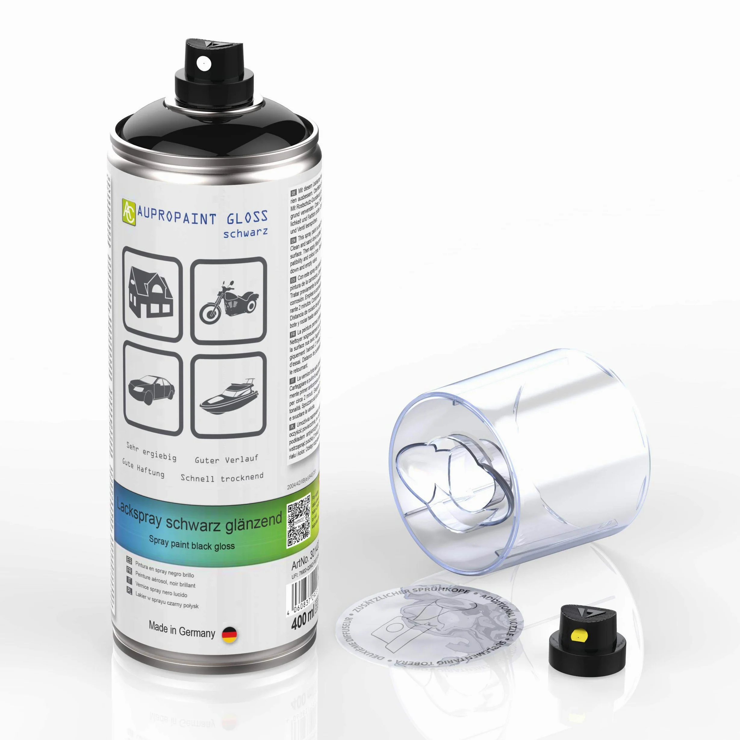 Aupropaint Gloss - Spray de pintura en aerosol para coche, 3 x 400 ml + 1 mango de pistola original