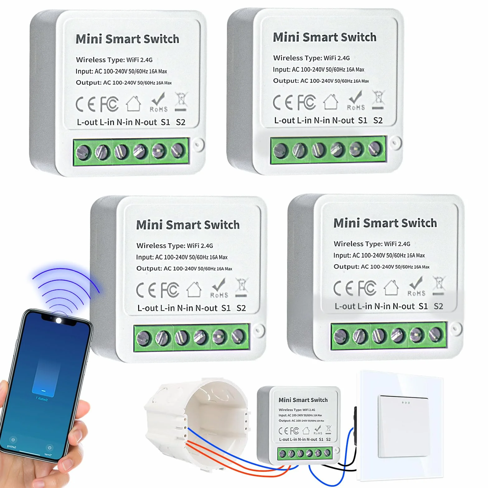 Módulos de Interruptor de Luz Inteligente 2 Vías, 4 Unidades, Smart Life, Tuya, Alexa, Google Home, WiFi, Requiere Cable Neutro