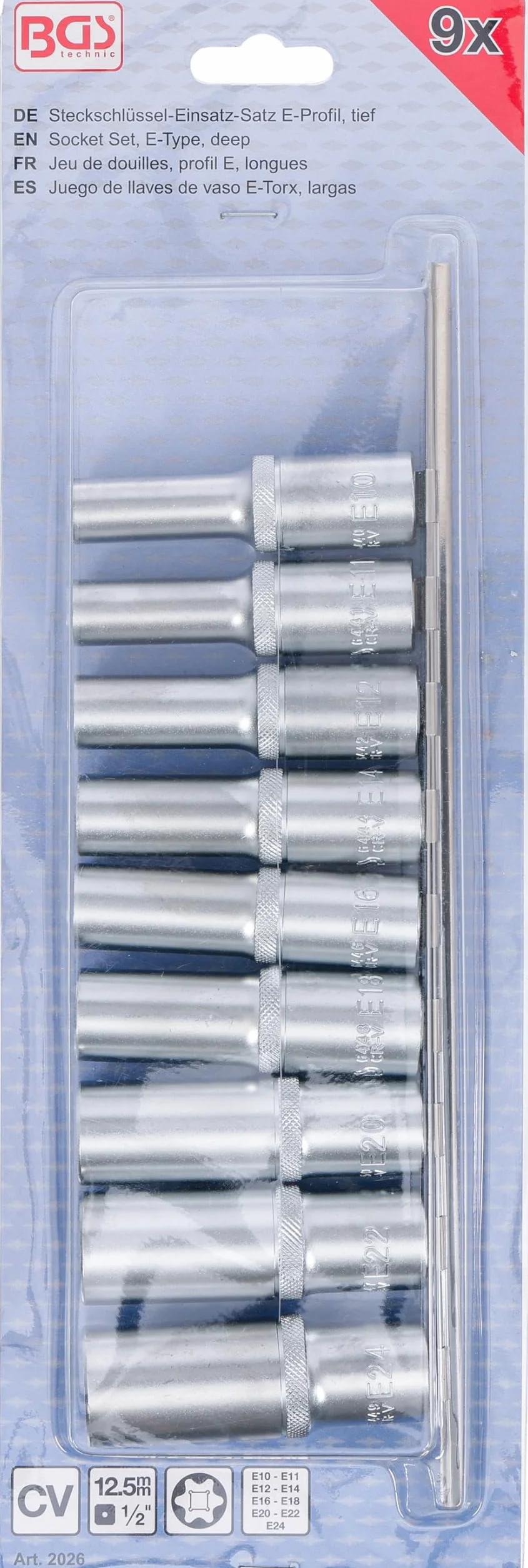 BGS 2026 | Juego de llaves de vaso E-Torx, largas | entrada 12,5 mm (1/2") | E10 - E24 | 9 piezas