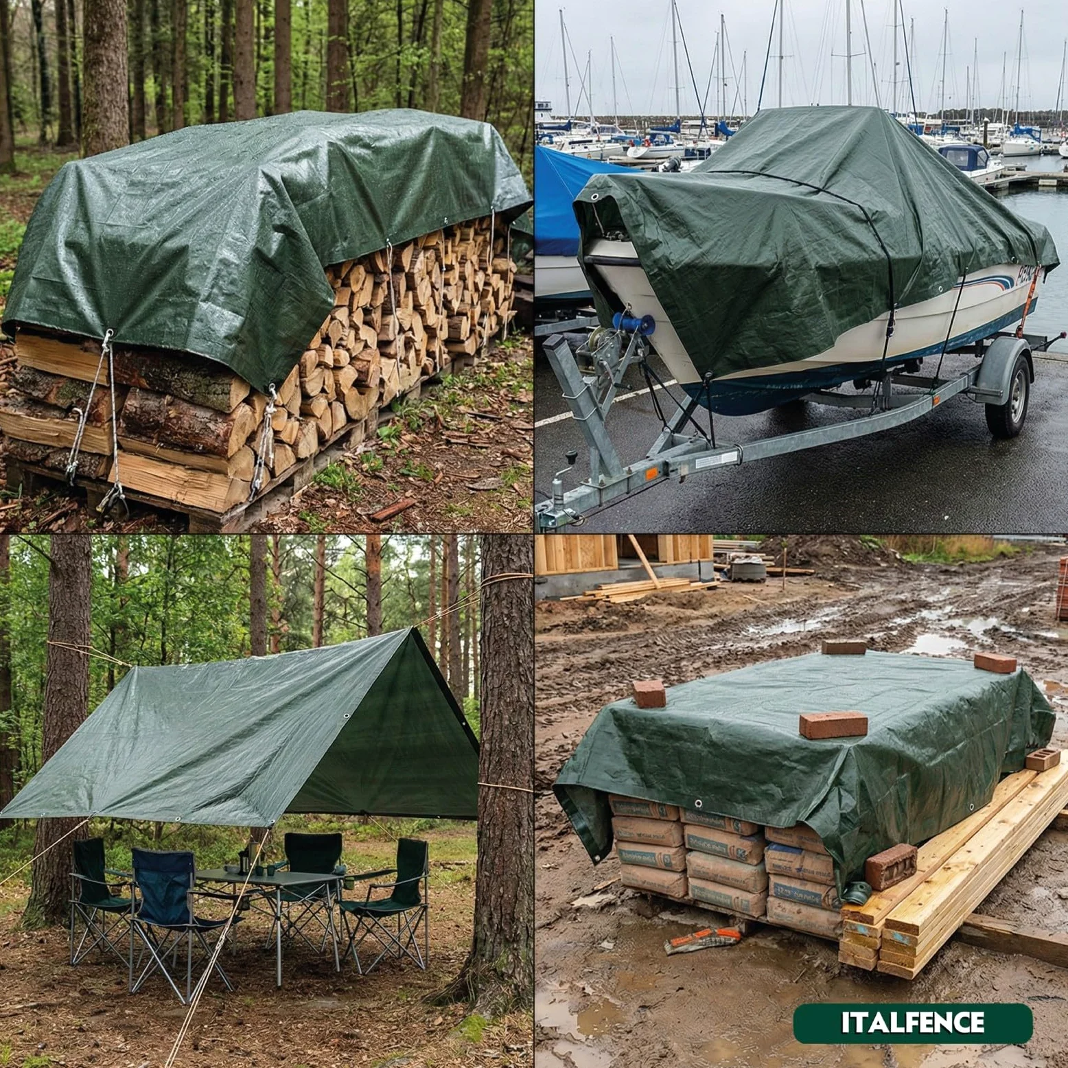 Lona Impermeable de PE 250 g/m² Verde, Reforzada con Ojales [2 x 3 m]
