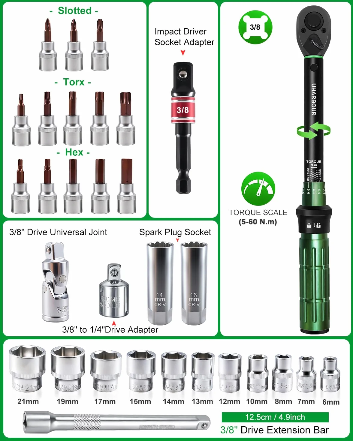 Uharbour Llave dinamométrica de 3/8 pulgadas, 5-60 Nm, 31 piezas, juego de llaves dinamométricas para motocicleta, ± 3% de precisión con extensiones, llaves de vaso y adaptador, carraca de 72 dientes