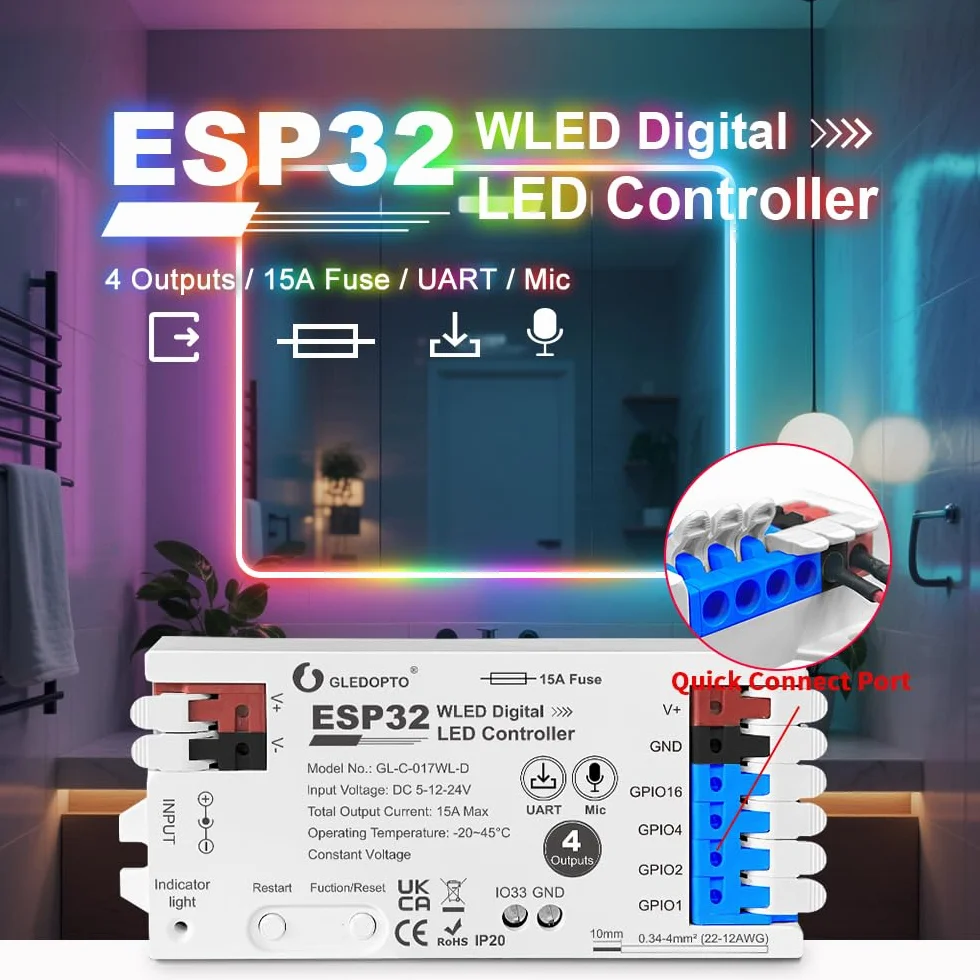 Controlador LED WiFi 4 vías ESP32 WLED Compatible Alexa Google Home Tiras LED RGB 5-24V 15A GL-C-017WL-D
