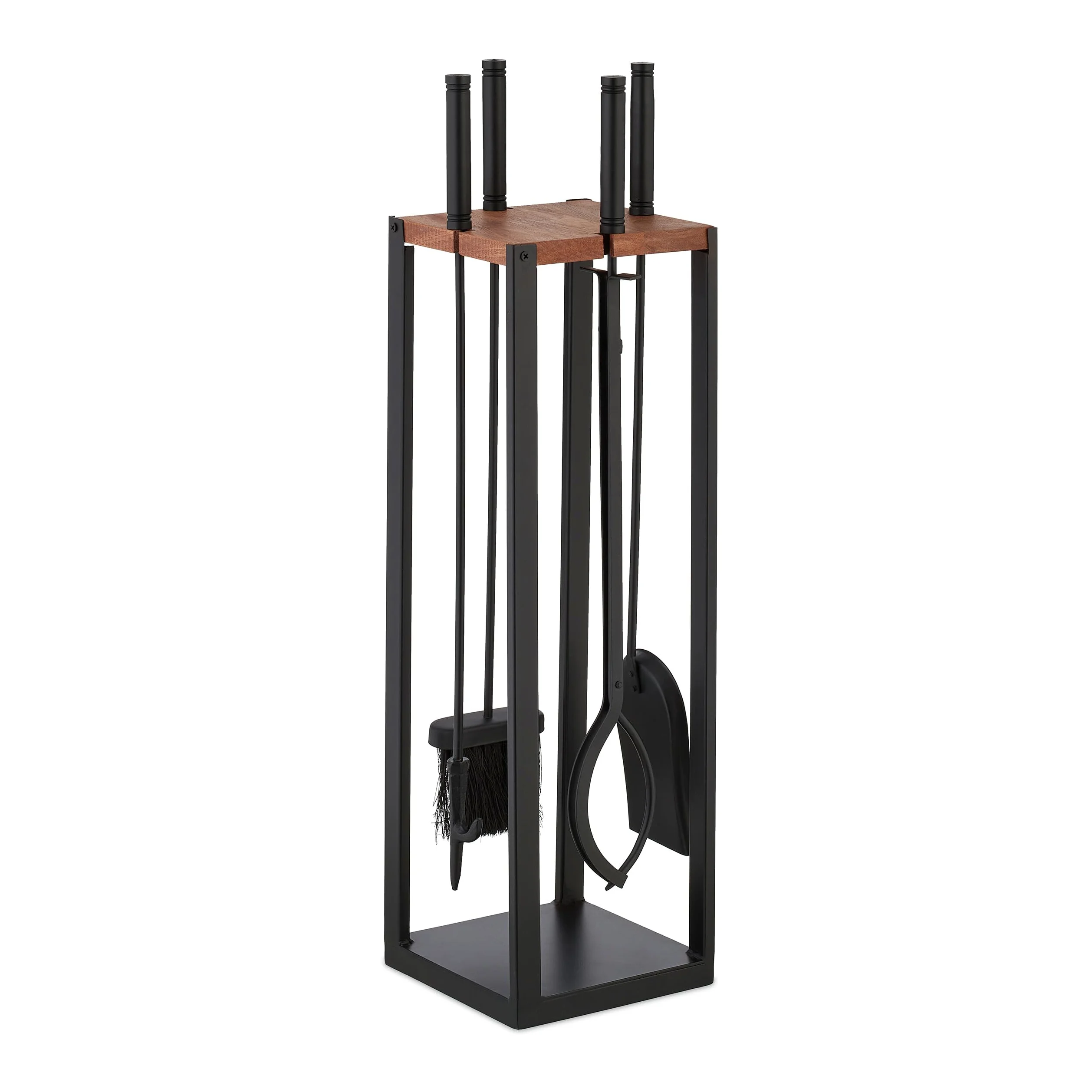Relaxdays Accesorios Chimenea 5 Piezas, Juego de Estufa con Atizador, Pinzas, Escoba, Pala y Soporte, Negro/Marrón