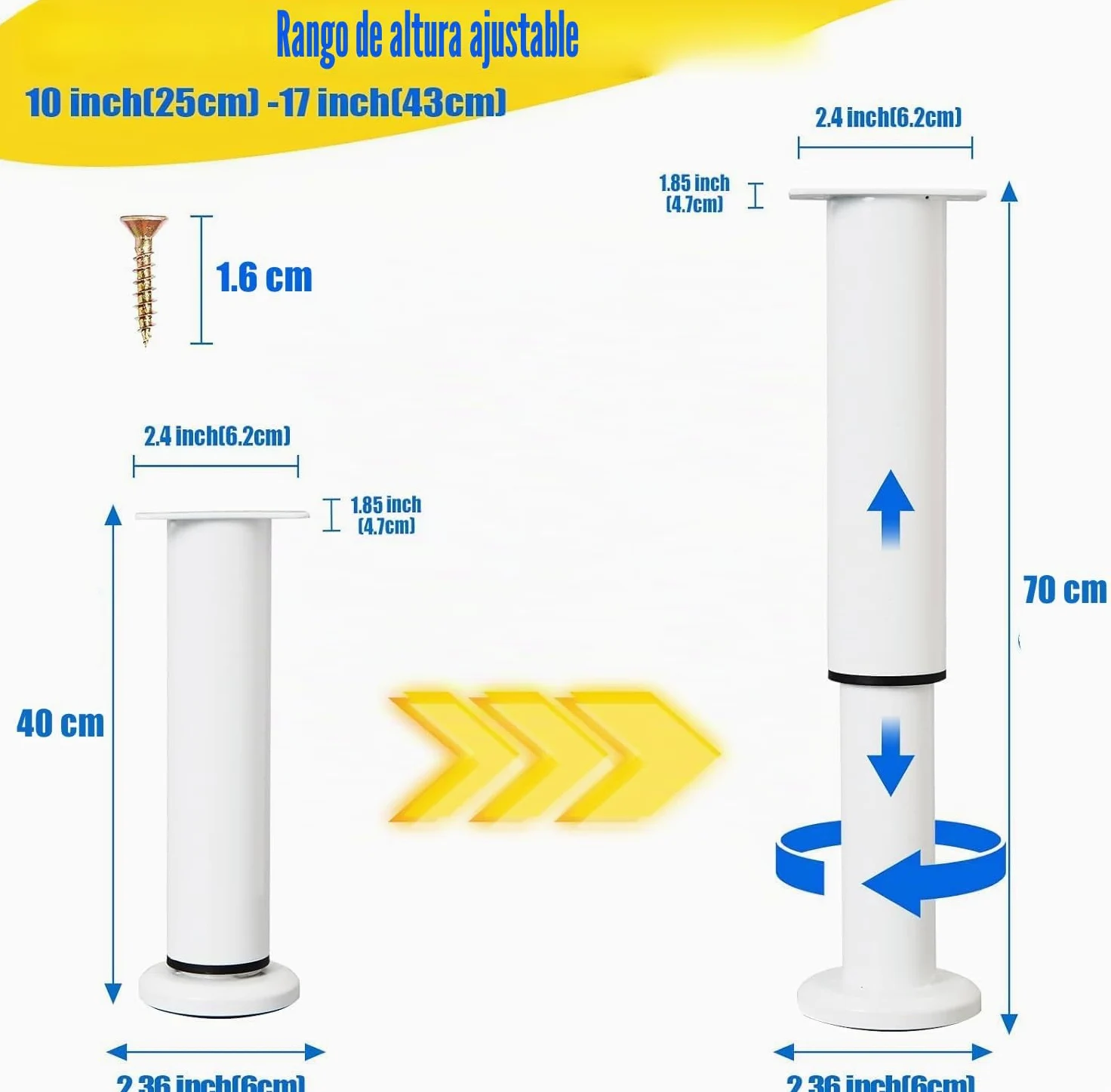 2PCS Patas Pies Ajustables Pata de MeAjustable,Regulables con 16 Kit Destornillador y Tornillos,para Armarios Mesillas de Noche Camas Escritorios Cómoda Estantería (Blanco, 40-70 cm)