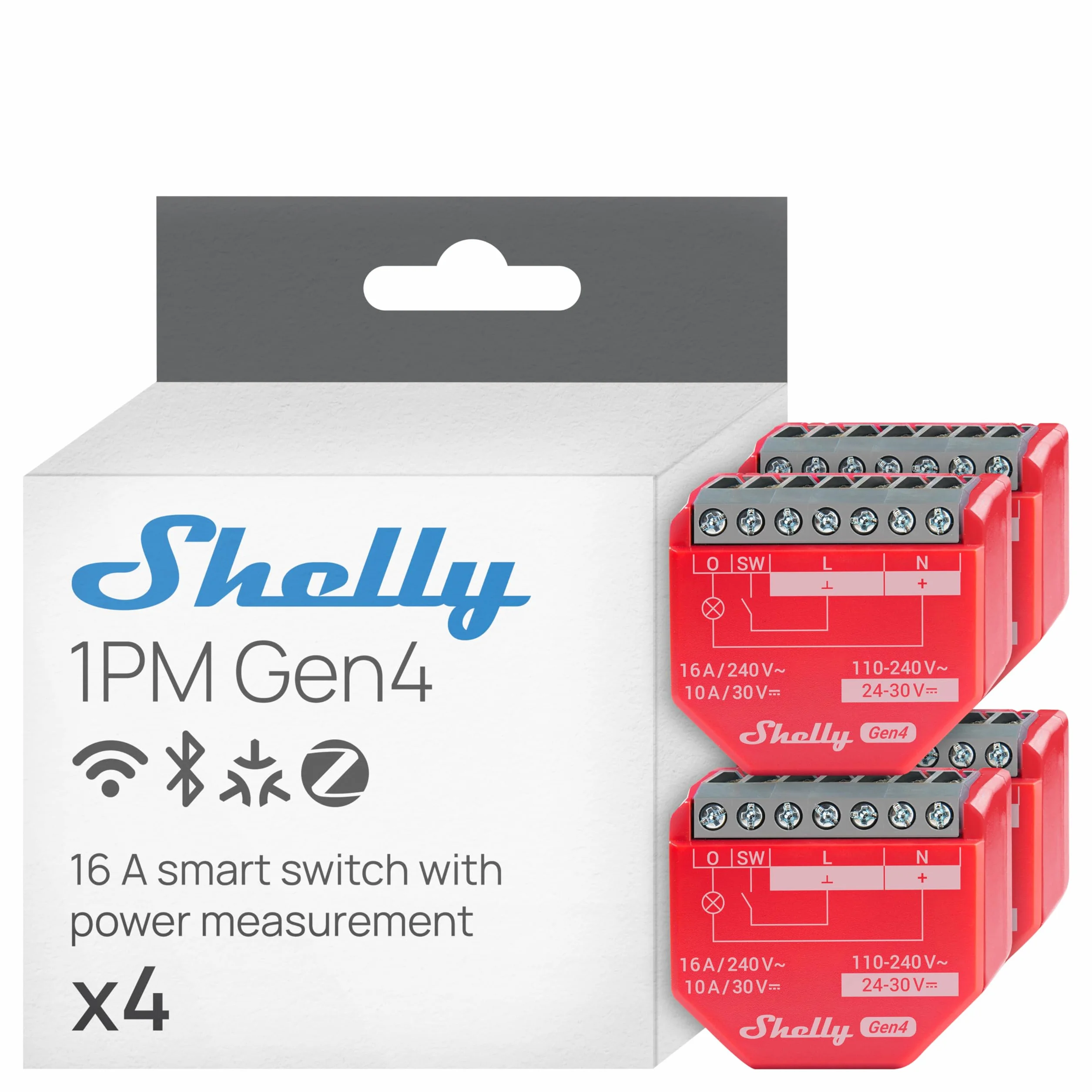 Shelly 1PM Gen4 Módulo interruptor inalámbrico Matter Zigbee Wi-Fi 1 canal 16A Medición de consumo Relé de luz Control app voz Alexa Google Apple HomeKit 4 Piezas