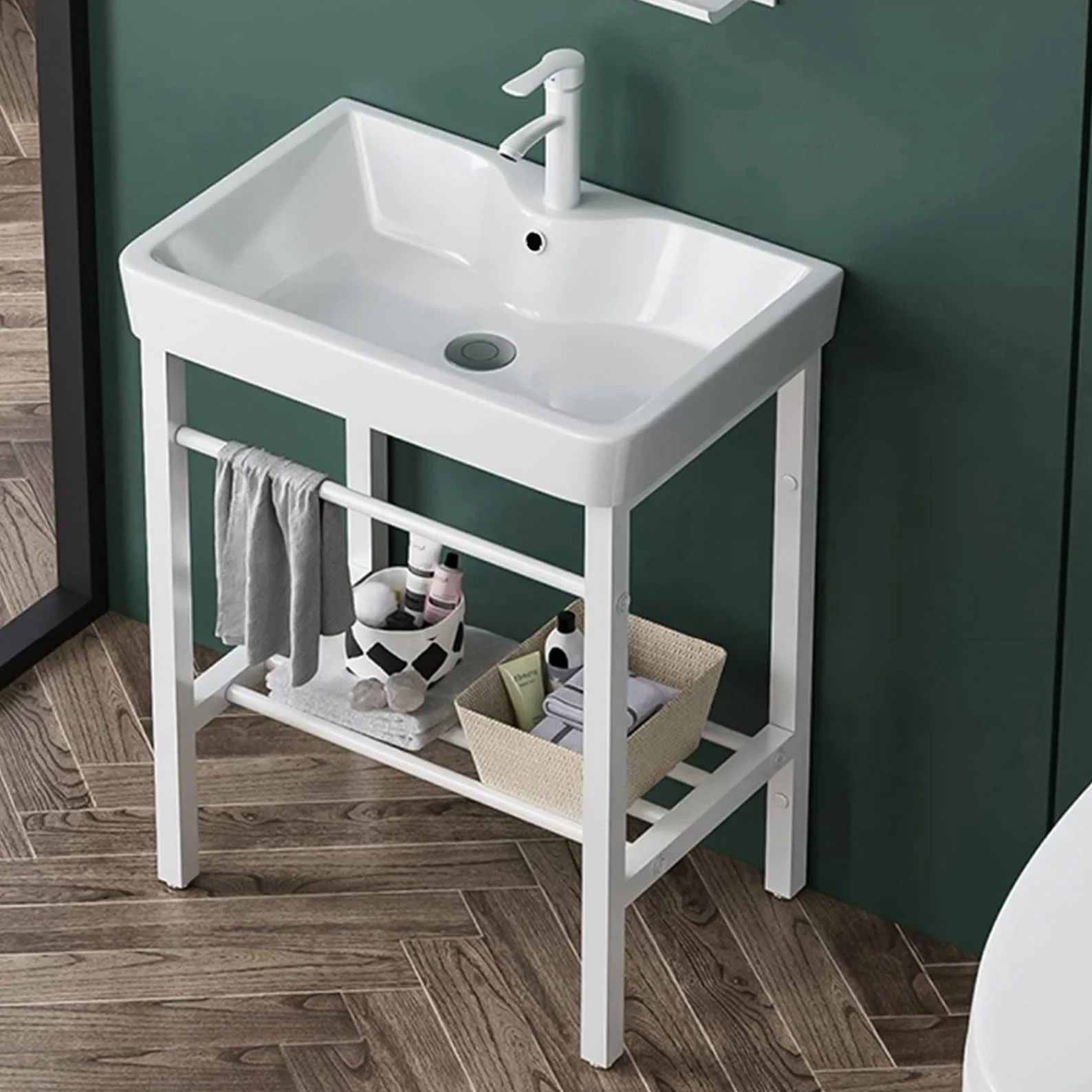 Blanco Lavabo de Cerámica,lavadero de Baño Lavabo de pie con Pedestal Lavamanos Pedestal Mueble de Baño , Fregadero con Soporte de Acero Inoxidable,Grifo,para Lavandería,Patio Garajes,Baños y Aseos (