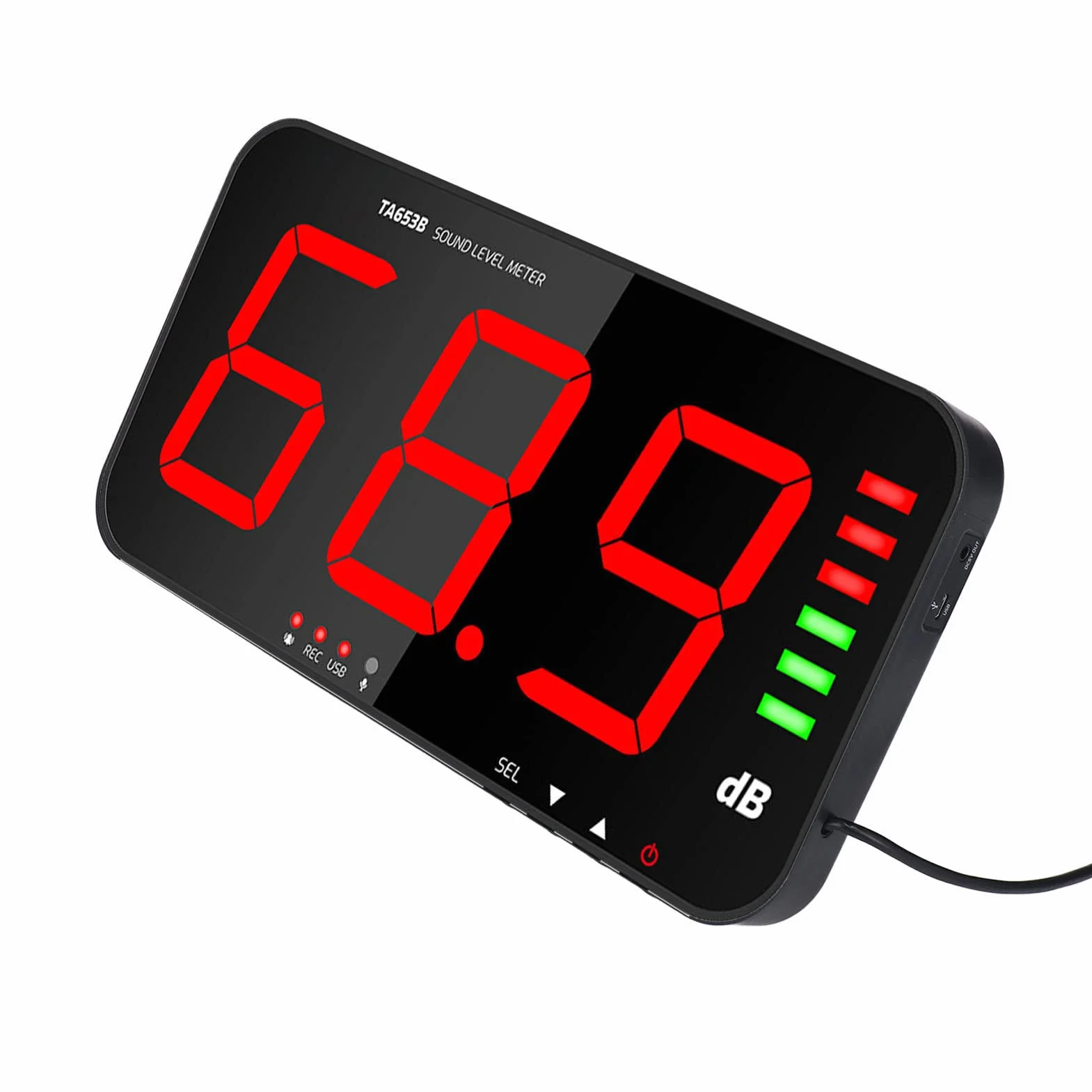 30dB-130dB DC5V 1A Medidor de Decibelios Micro USB TA654B Pantalla de 13 Pulgadas Pantalla de 3 Dígitos Medidor de Nivel de Sonido Colgador de Pared Lector de Decibelios Digital