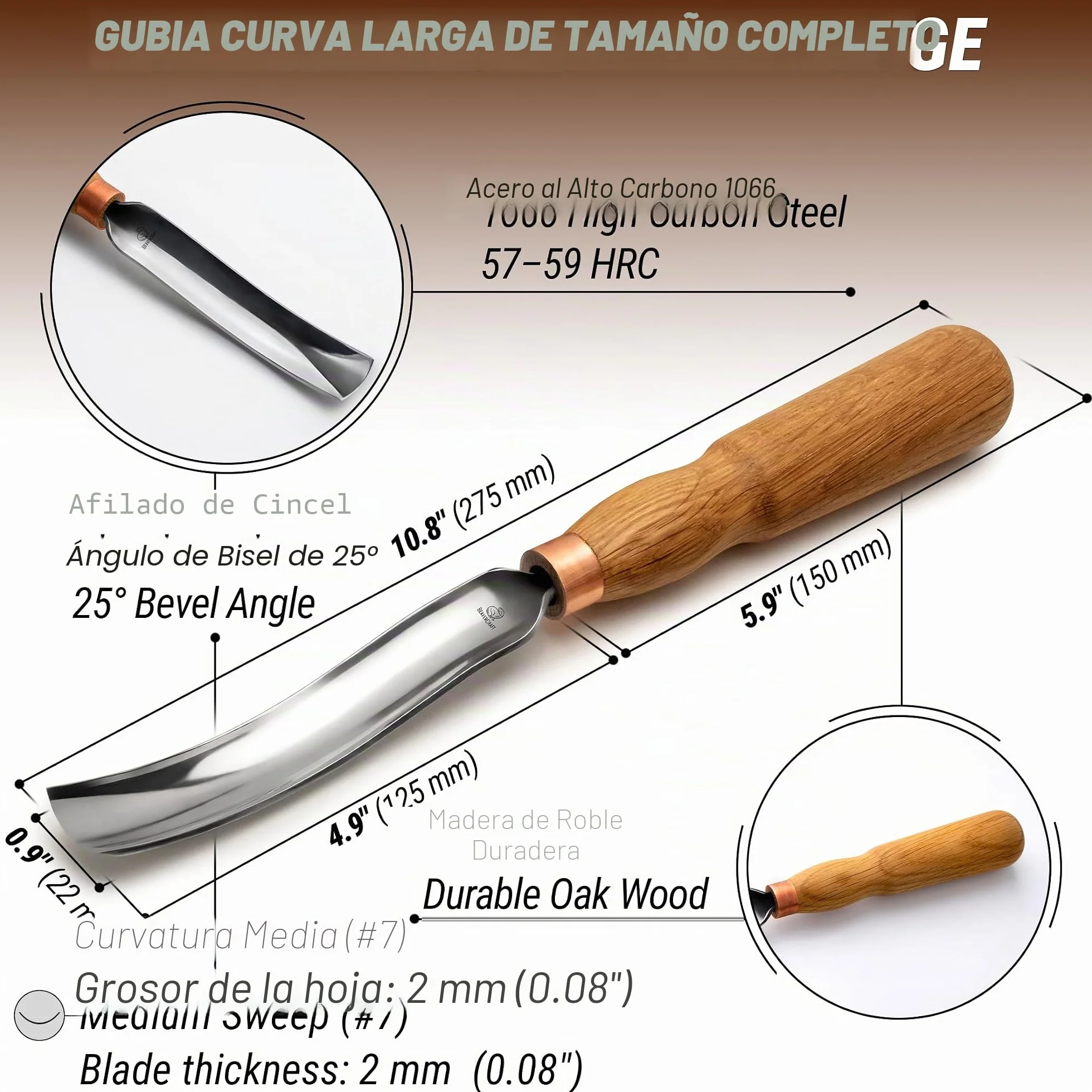 BeaverCraft Gouge Tallado Madera 7L/22 – Herramientas Tallado Cucharas, Cinceles, Gouge para Cuencos, Cincel Curvado, Cuchillo Whittling para Cucharas