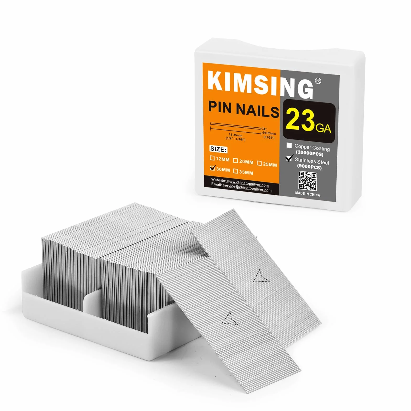 KIMSING Mikro-Stiftnägel aus Edelstahl, 23 Gauge, 9.000 Stück/Box, 30 mm kopflose Stifte, passend für pneumatische Stiftnagler und Druckluft-Pinner für Möbel