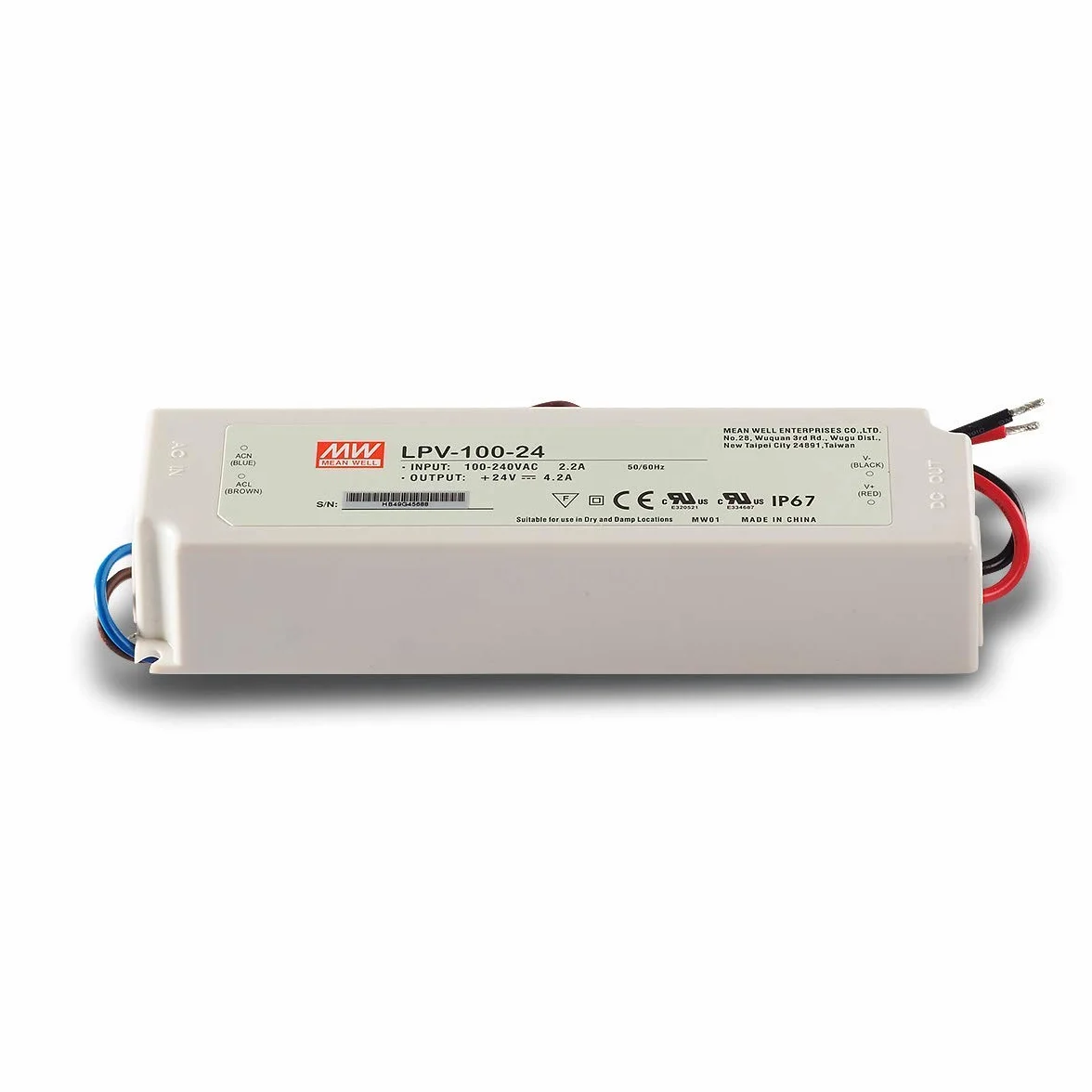 Mean Well - Fuente de alimentación conmutada LPV-100-24, 24 V / 4,2 A / 100 W, IP67, voltaje constante