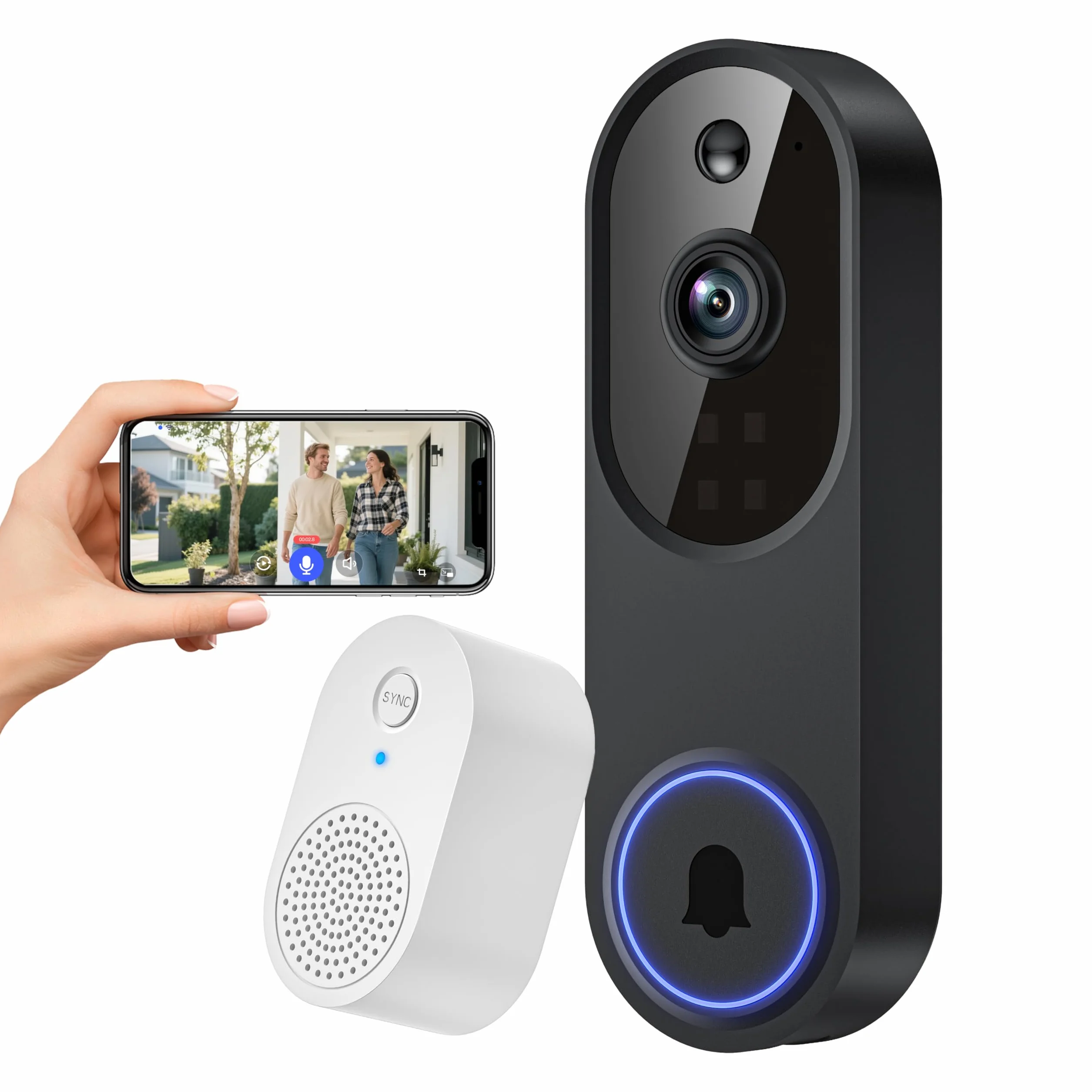 Cámara inalámbrica con timbre de video WiFi con receptor de timbre, detección humana de IA, conversación bidireccional, Wi-Fi de 2.4G, funciona con pilas, almacenamiento en la nube