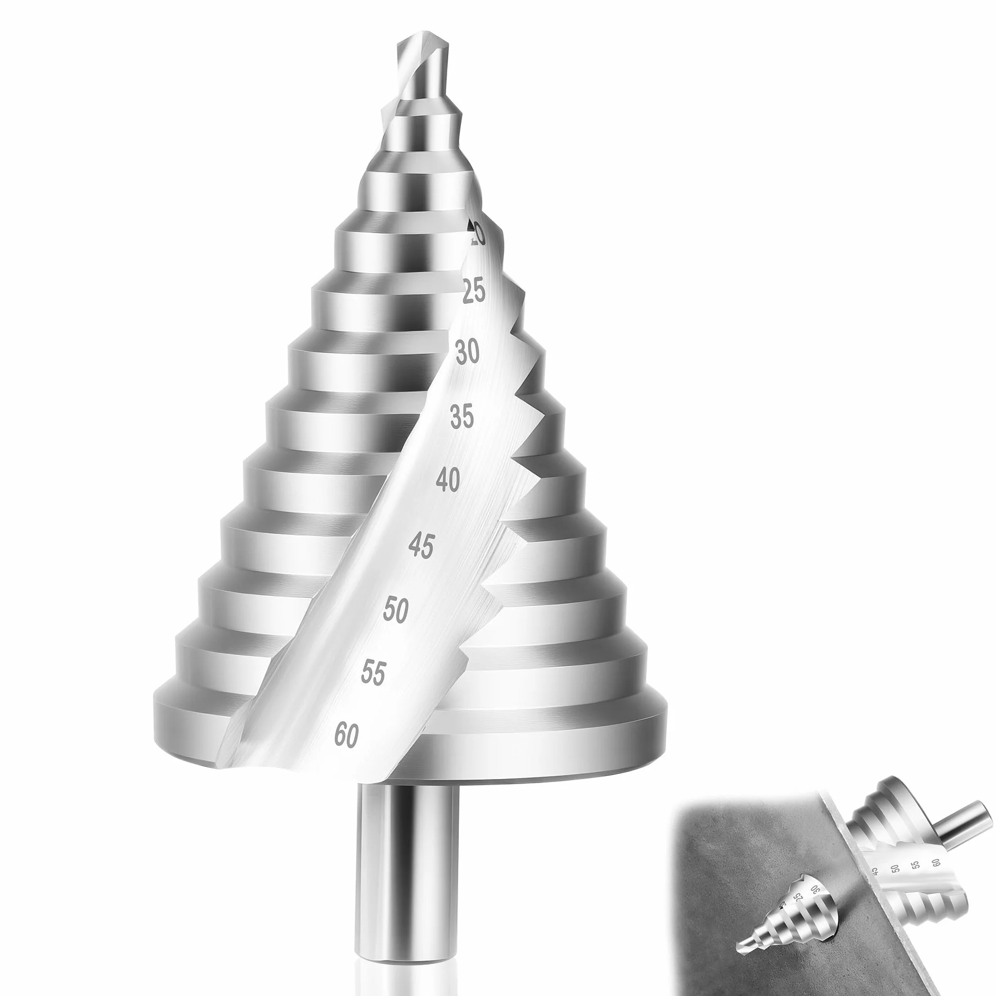 JIZZU Brocas Escalonada, Broca HSS de 12 Pasos, 6-60 mm, Broca Escalonada Para Metal, Vástago de 13 mm, Broca Conica, Acero Inoxidable, Plástico, Madera