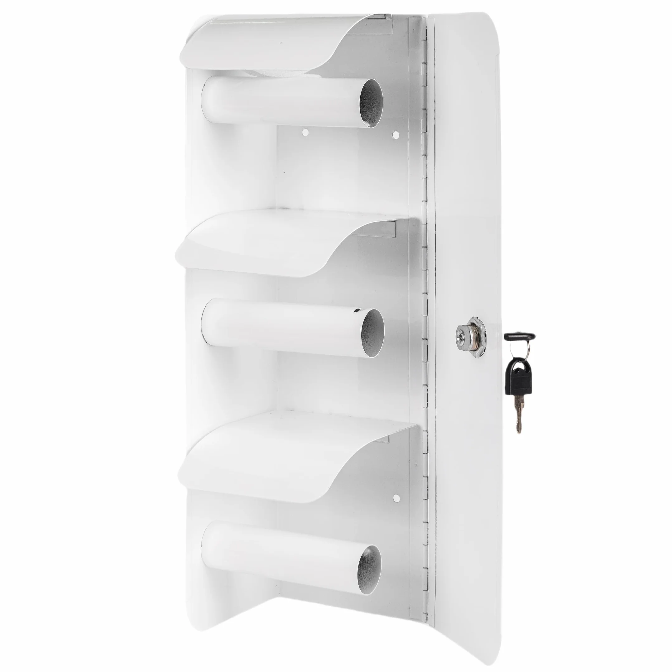 Dispensador comercial de papel higiénico de acero inoxidable, soporte para 3 rollos con cerradura, montaje en pared, opción de rollo doble, color blanco