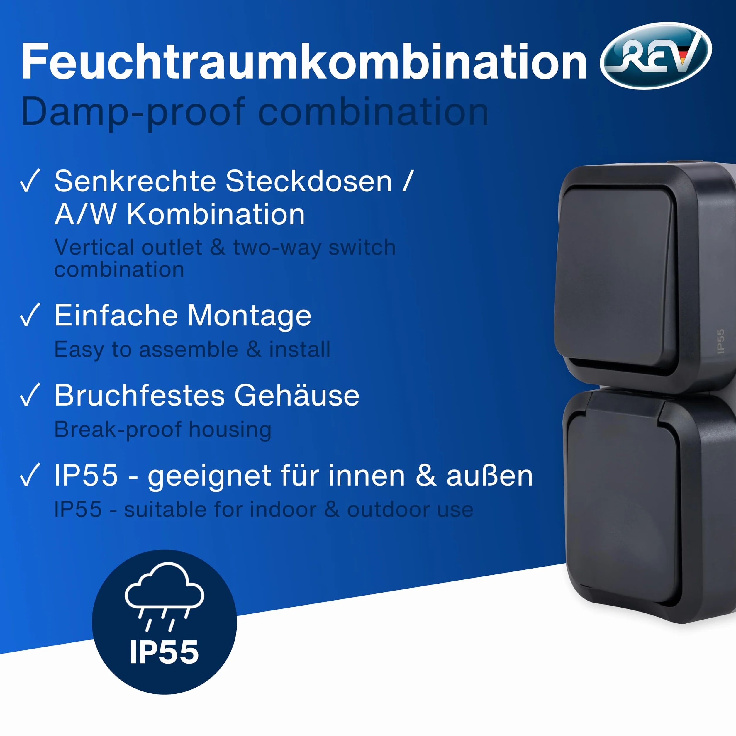 REV 0004860400 AquaStorm Socket - Interruptor A/W Combi, IP55, montaje en superficie, vertical, antracita