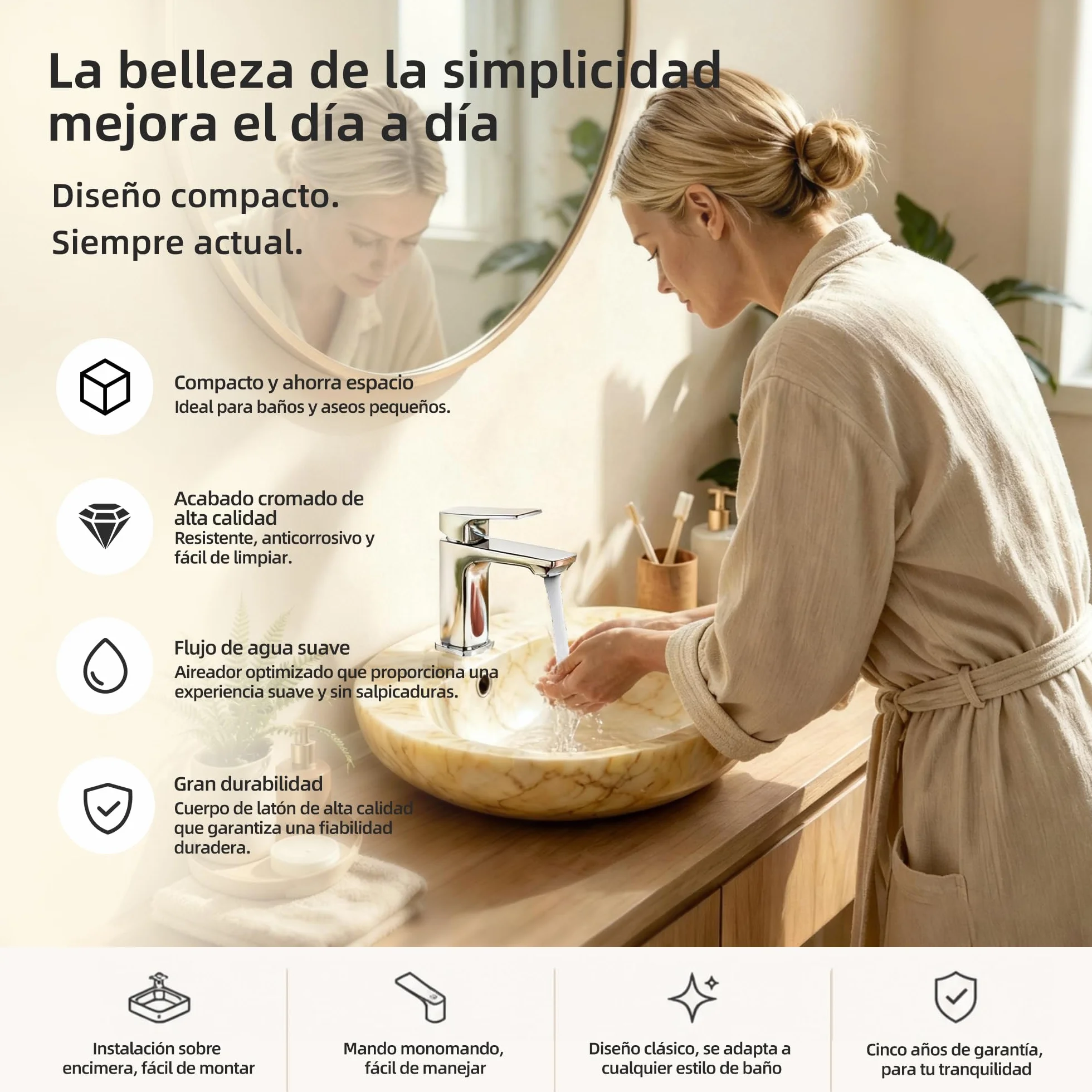 BELZ Grifo monomando de lavabo para baño, cartucho cerámico, instalación fácil, ahorro de agua y energía, diseño moderno
