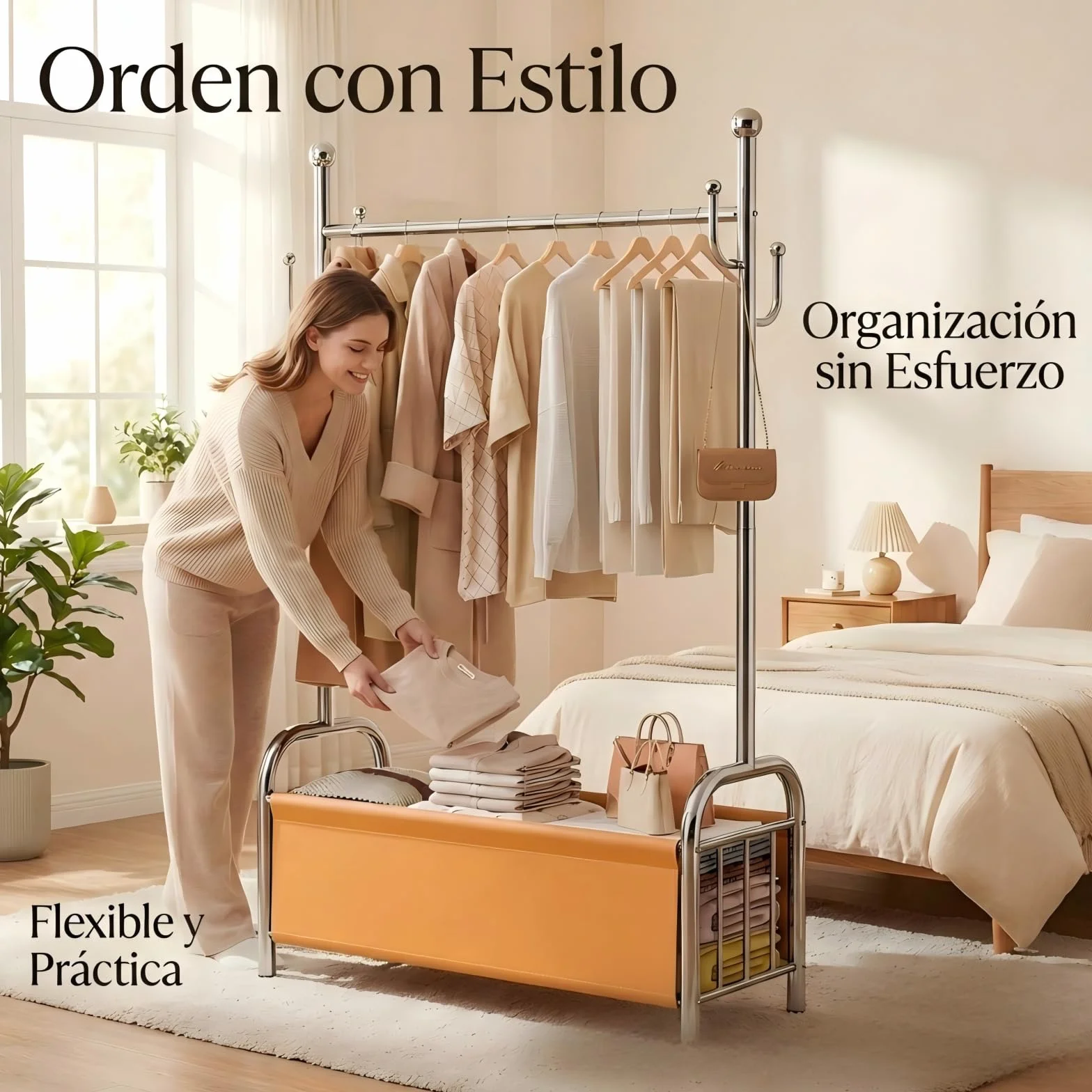 Burro Ropa Acero Inoxidable con Cesta Almacenaje, Perchero Estable Pie, 3 en 1 Tendedero Organizador