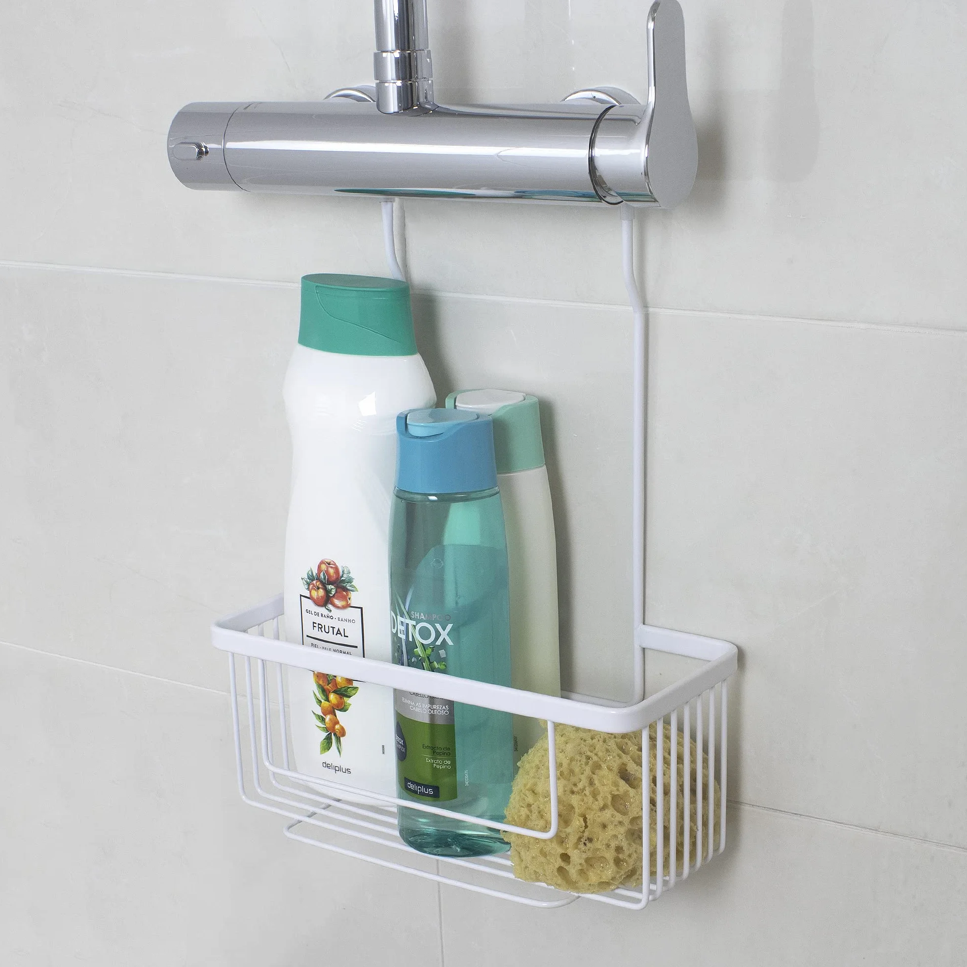 Estante de Ducha Colgante de Acero Inoxidable, Sin Taladro, Blanco Mate, 26 x 11 x 38 cm, Soporta 15 kg