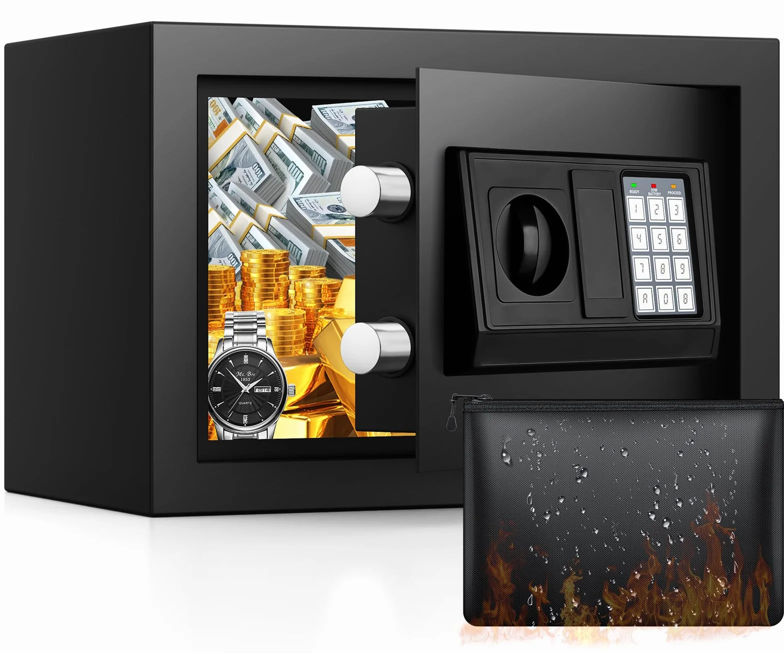 Caja fuerte pequeña para el hogar, 15 L, digital, pequeña con resistente al fuego, impermeable, con código numérico y llave, caja fuerte de seguridad para dinero, medicamentos, joyas