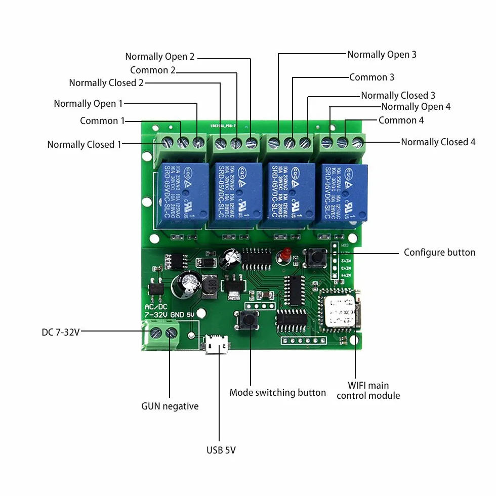 Módulo de interruptor automático de 4 canales, WIFI instantáneo, controlador de puerta de garaje WiFi (5-32 V)