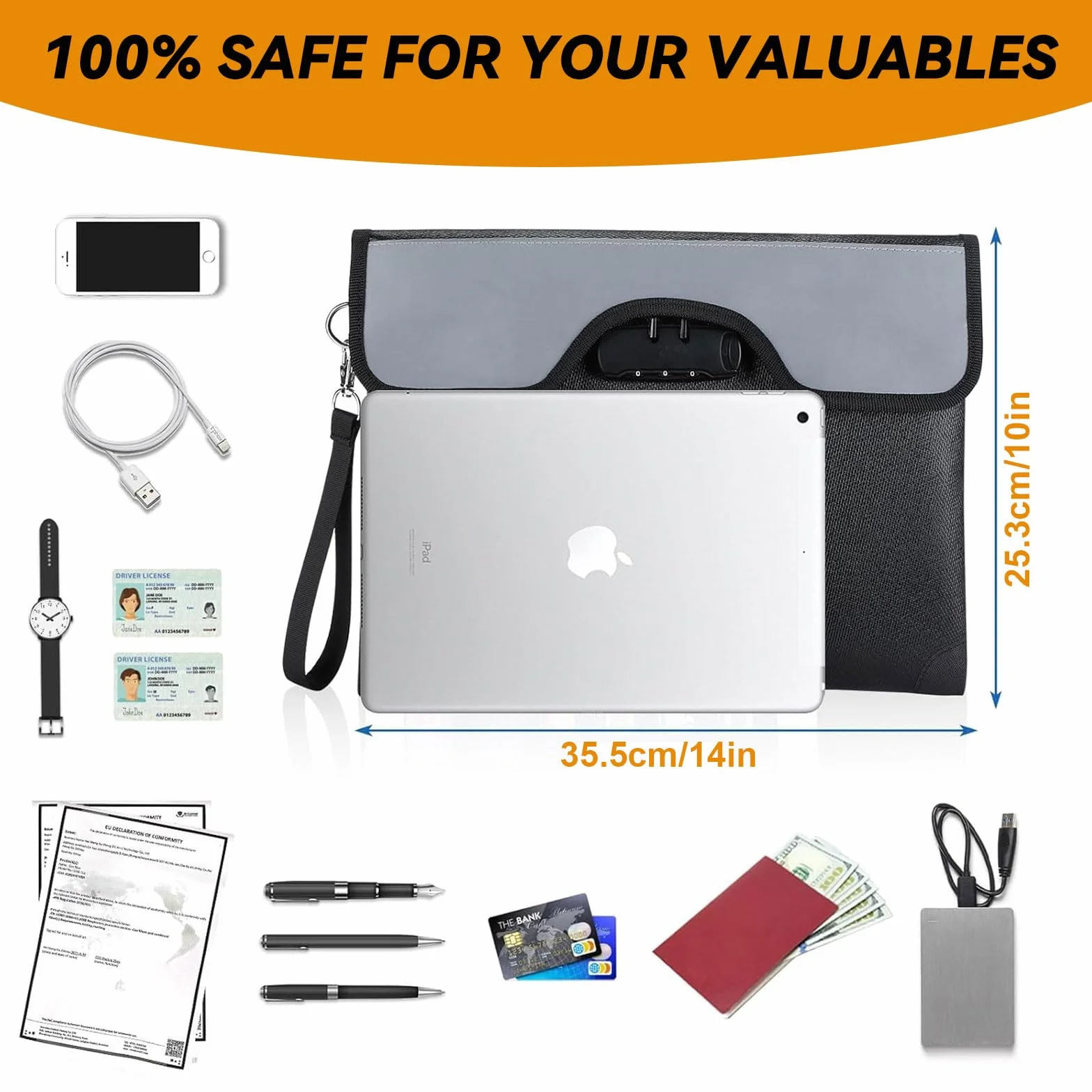 Bolsa ignífuga bolsa de documentos con cerradura, 35.5x25.4cm cartera impermeable, segura Bolsa ignífuga de almacenamiento para documentos pasaporte banco archivo dinero objetos de valor, negro