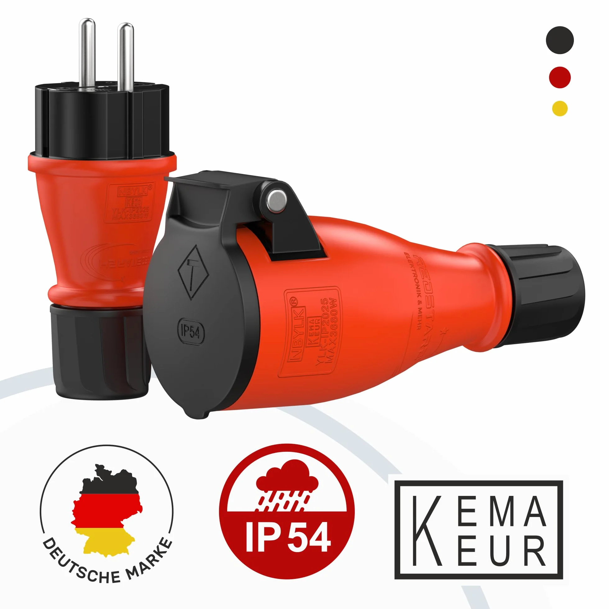 Clavija Enchufe Macho Schuko IP54 Goma Exteriores Negro Rojo