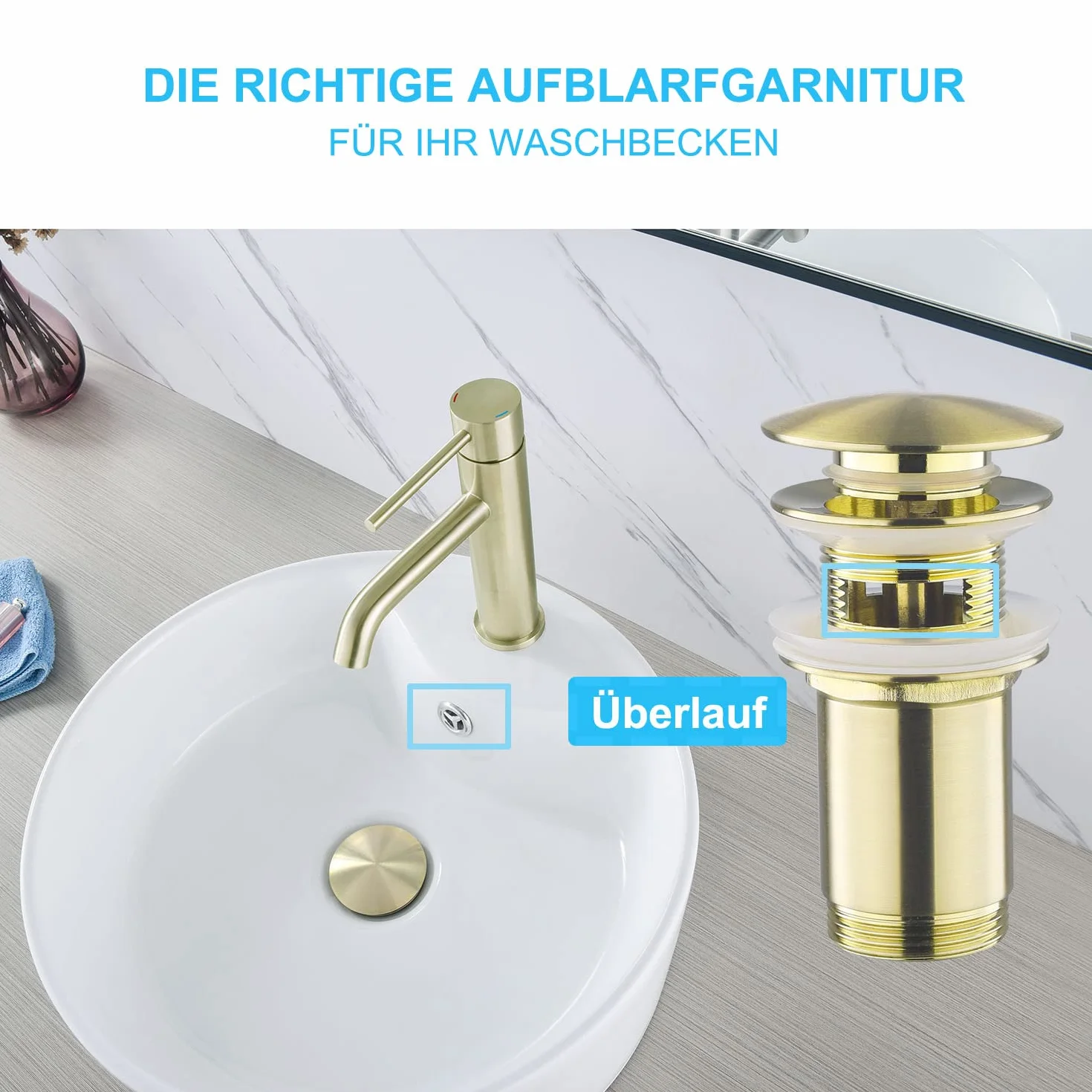 Sifón de diseño con desagüe con rebosadero para lavabo, color dorado cepillado, sifón universal y válvula de desagüe para baño, sifón de latón