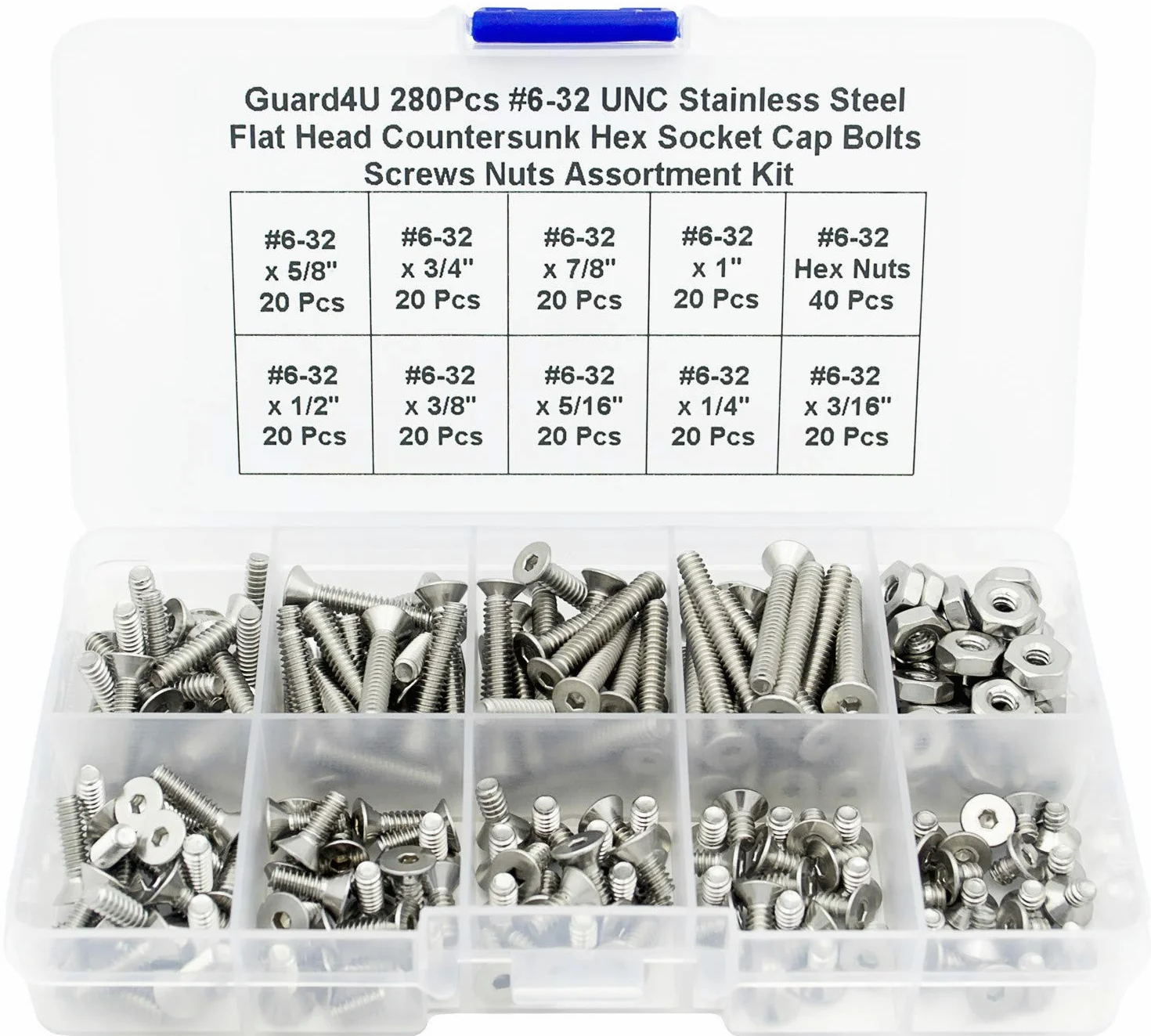 Juego de 220 tornillos de cabeza plana de acero inoxidable #6-32 UNC con cabeza plana avellanada hexagonal, tornillos surtidos, #6-32 x 3/16" 1/4" 5/16" 3/8" 1/2" 5/8" 3/4" 7/8" cm 2,5 cm cm