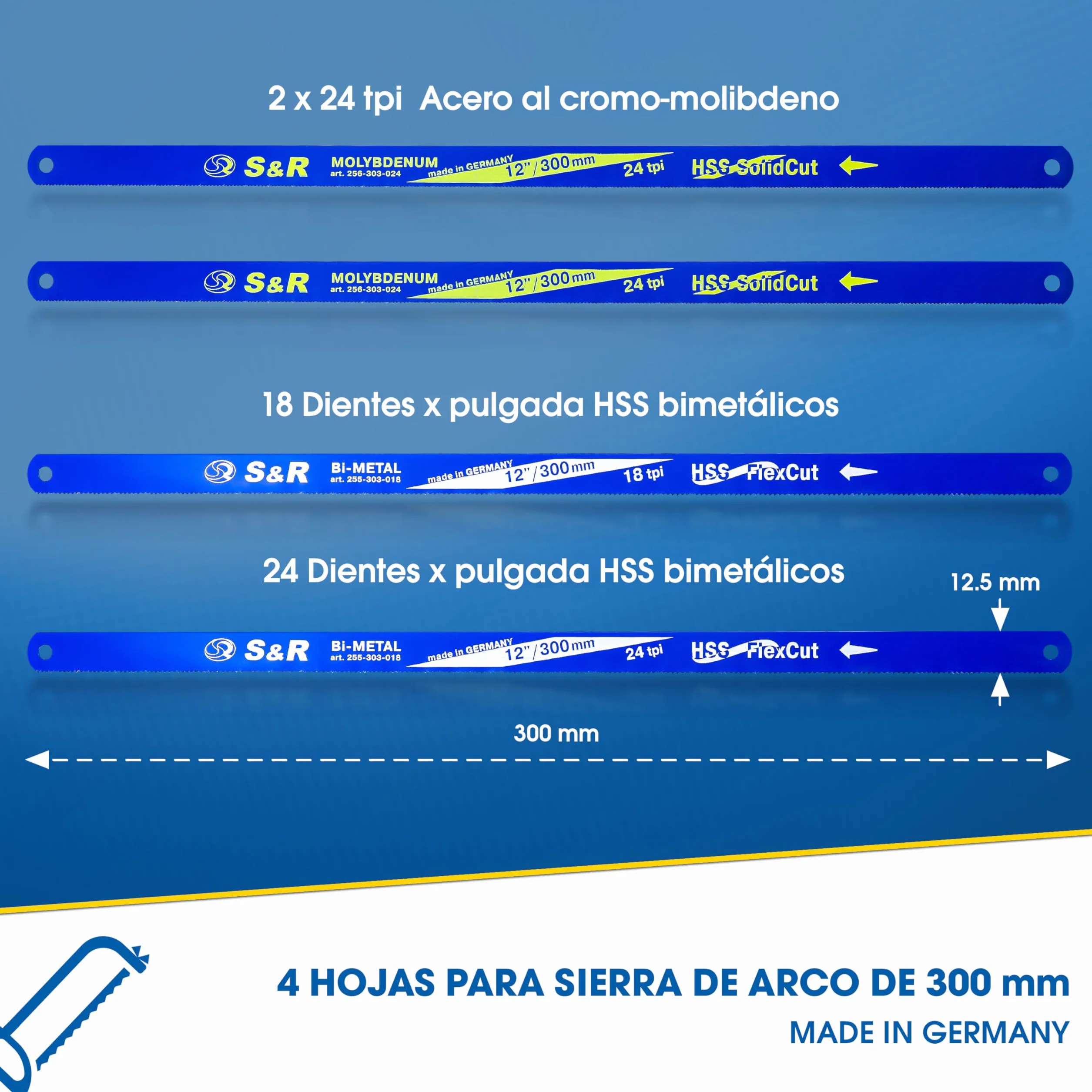 S&R Juego de sierra para metales (300 mm, 5 piezas, con 4 hojas de sierra de alto rendimiento, fabricado en Alemania, sierra de mano, sierra de metal, molibdeno bimetal 18/24 TPI)