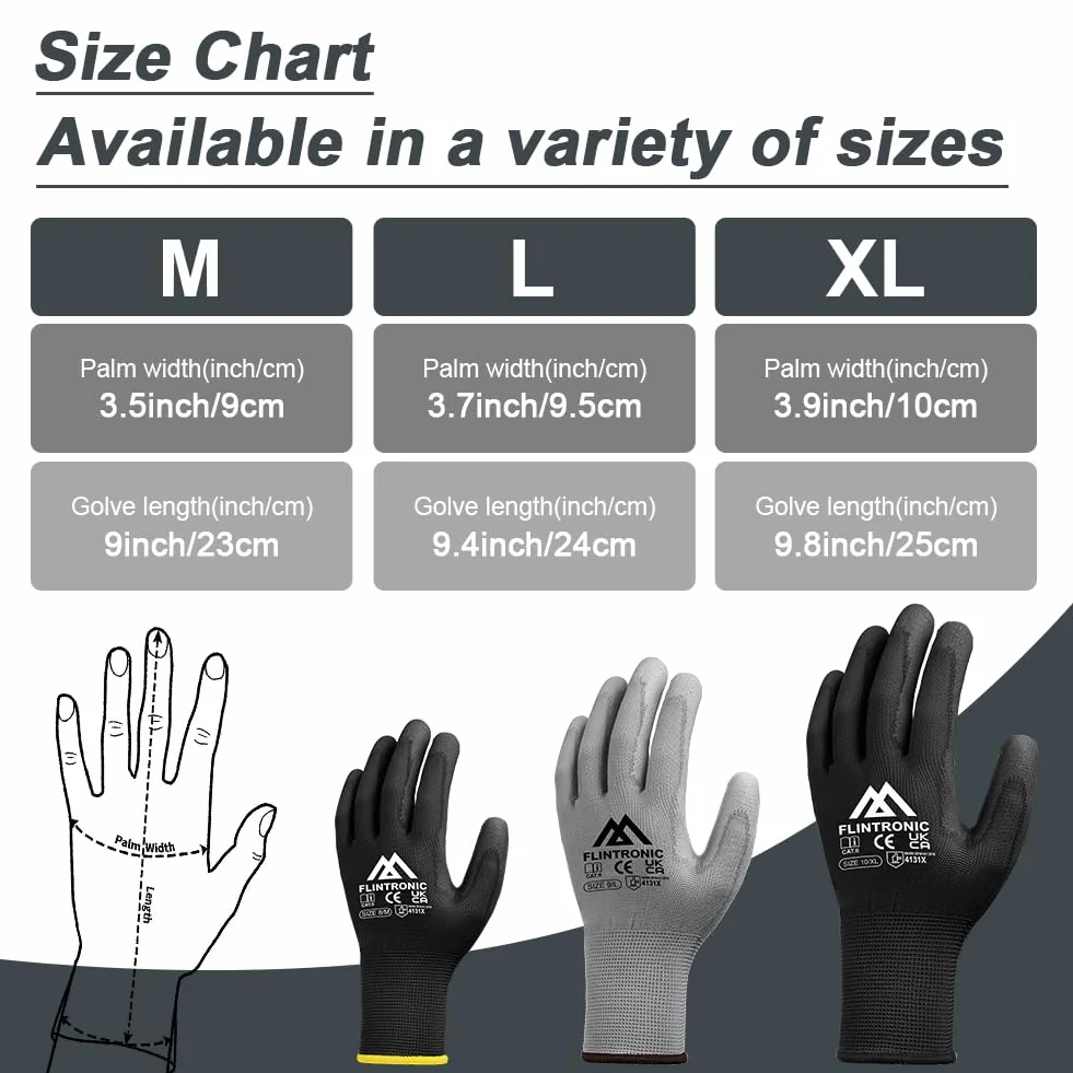 Flintronic Guantes de Trabajo Profesionales 12 Pares Recubrimiento Poliéster PU Negro L-9