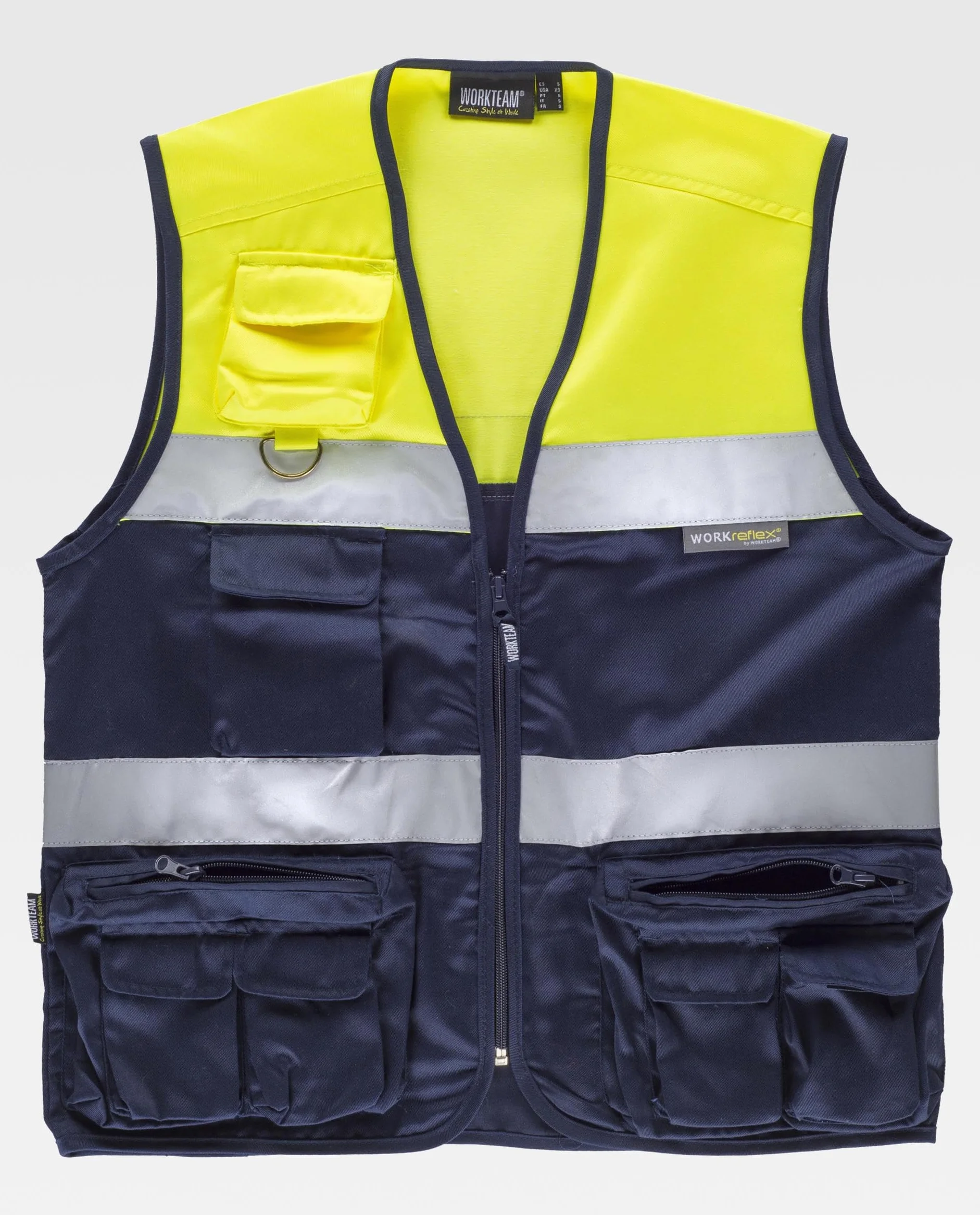 WORKTEAM Chaleco de Trabajo, Tipo Safari, Alta Visibilidad con 2 Cintas Reflectantes, Multibolsillos. Unisex