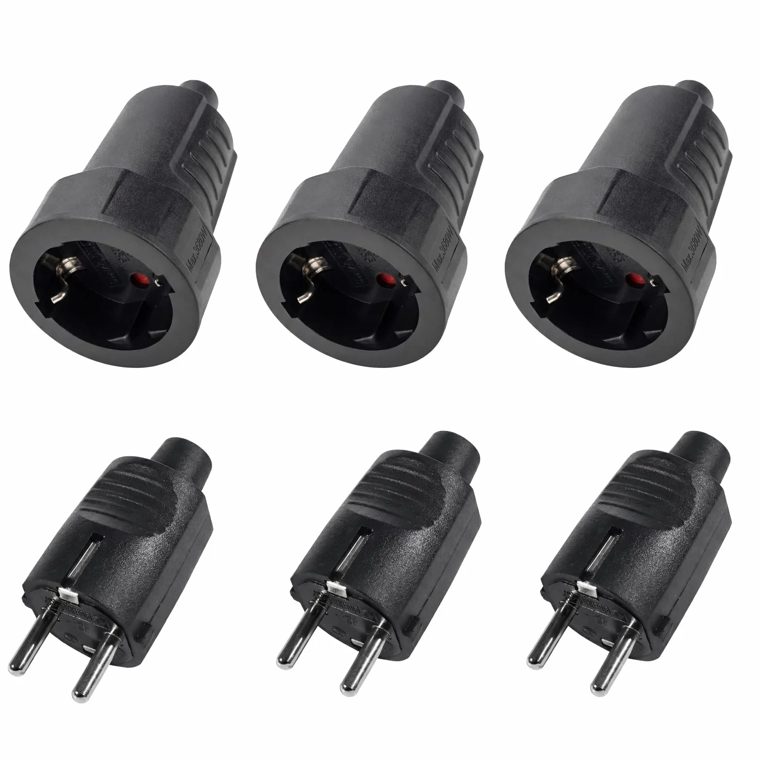 Kit de 3 Enchufes Schuko 250V IP44 16A 2 Polos Carcasa de Goma Negro