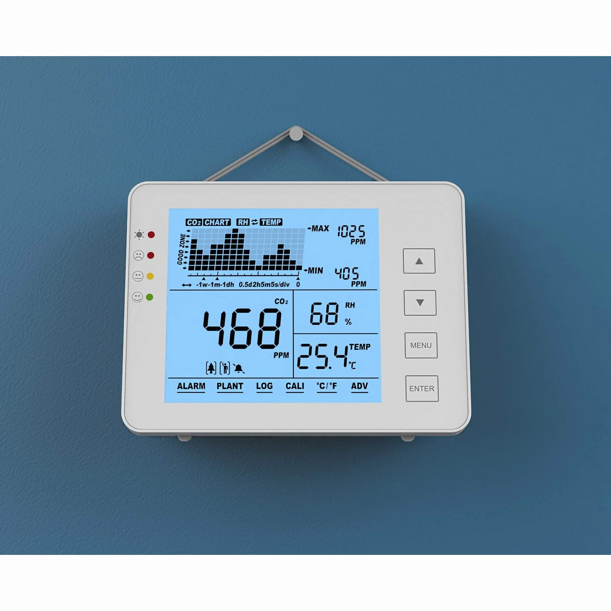 Seben 1200P W Medidor y monitor de CO2 con semáforo, alarma acústica, registrador de datos para la medición de la calidad del aire