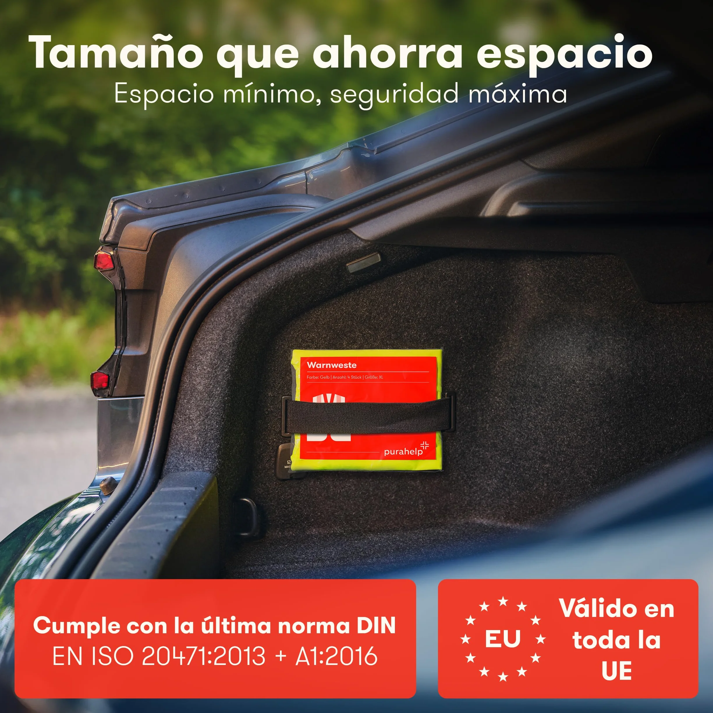 PURAHELP Set de 4 Chalecos Reflectantes para Coche - Alta Visibilidad - Conforme a la Normativa Europea EN ISO 20471 - Chalecos de Seguridad Amarillos - Chalecos de Seguridad para Adultos