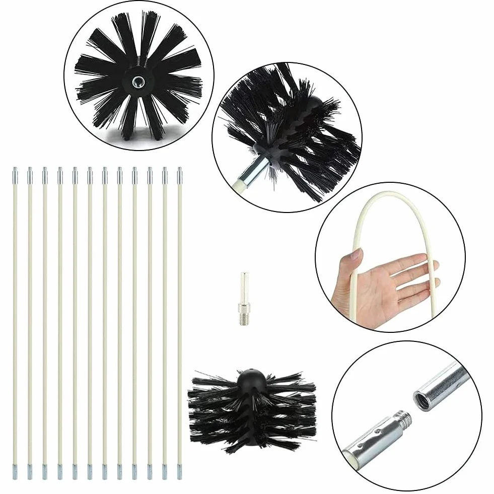 Cepillo De Chimenea Kit Herramientas De Limpieza De Barrido, Cepillo Limpieza Chimenea, Juego con 9 Varillas de Nailon, 1 Cabezal de Cepillo y 1 Barra Hexagonal para Aire Acondicionado, refrigerado