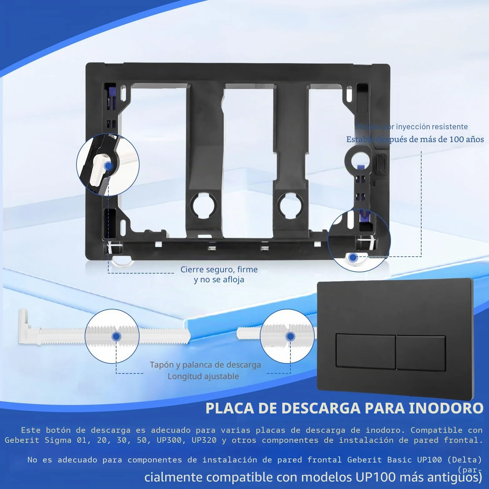 Placa de pulsador Para Geberit Sigma, Compatible con Geberit Sigma 01, UP300, UP320 Cisterna de Inodoro Empotrada, Incluye Kit de Palanca de Descarga y Marco de Instalación