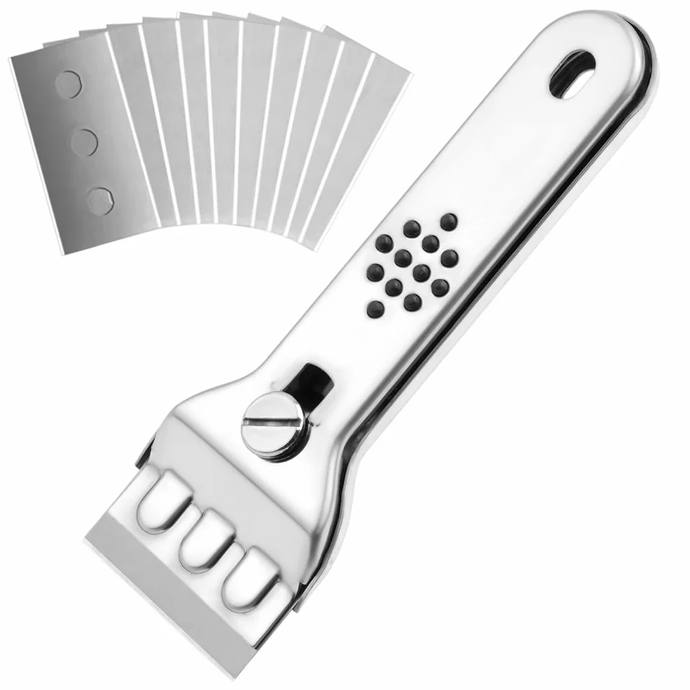 Flintronic Rascador, Rasqueta Acero inoxidable para Multiusos, Incluye 10 Cuchillas de Repuesto para Rascar Etiquetas, Adhesivos, Calcomanías, Sellos o Pintura en Vidrio.