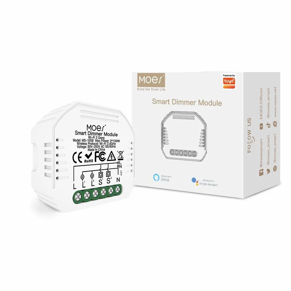 MOES Alexa WiFi Dimmer Interruptor Luz Módulo 2 Gang, Dimmer Inteligente Inalambrico Módulo, Compatible con Smart Life Tuya App, Alexa Google Home, Solo red de 2,4 Ghz e interruptor de reinicio