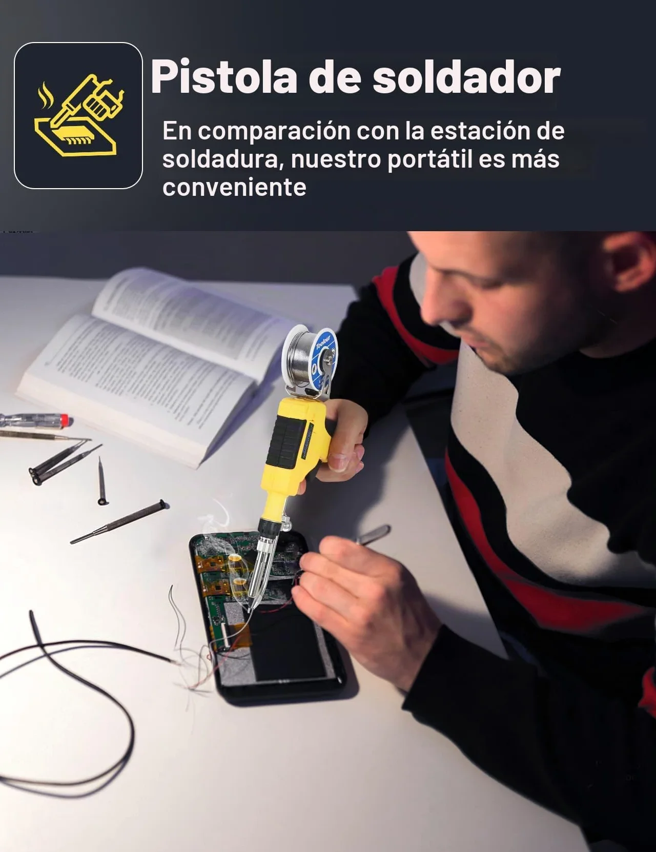 Soldador estaño, pistola de soldar de 60 W, juego de soldador automático, soldador 5 en 1 de una sola mano con desoldador estaño, alambre de estaño, 2 pinzas antiestáticas para reparación