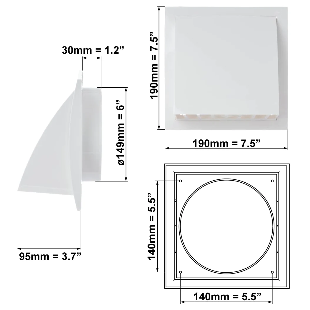 Ø 150mm Rejilla de Ventilación con Protección contra Lluvia y Viento y Válvula de Retención - Plástico ABS Blanco