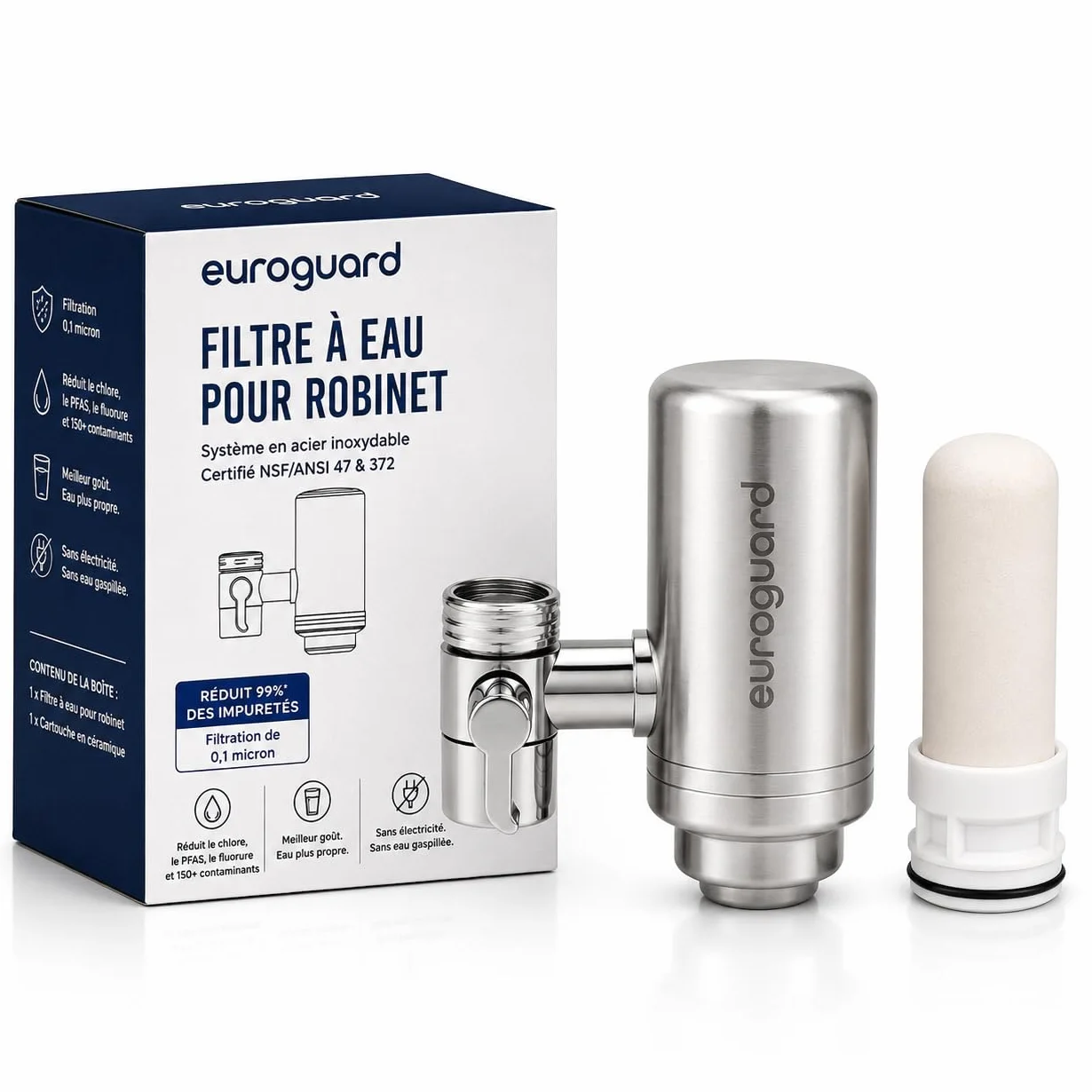 Filtro de agua para grifo de cocina, purificador de acero inoxidable - filtro de agua del grifo con cartucho de cerámica y carbón activado, reduce cloro, sabor y olor desagradable (1