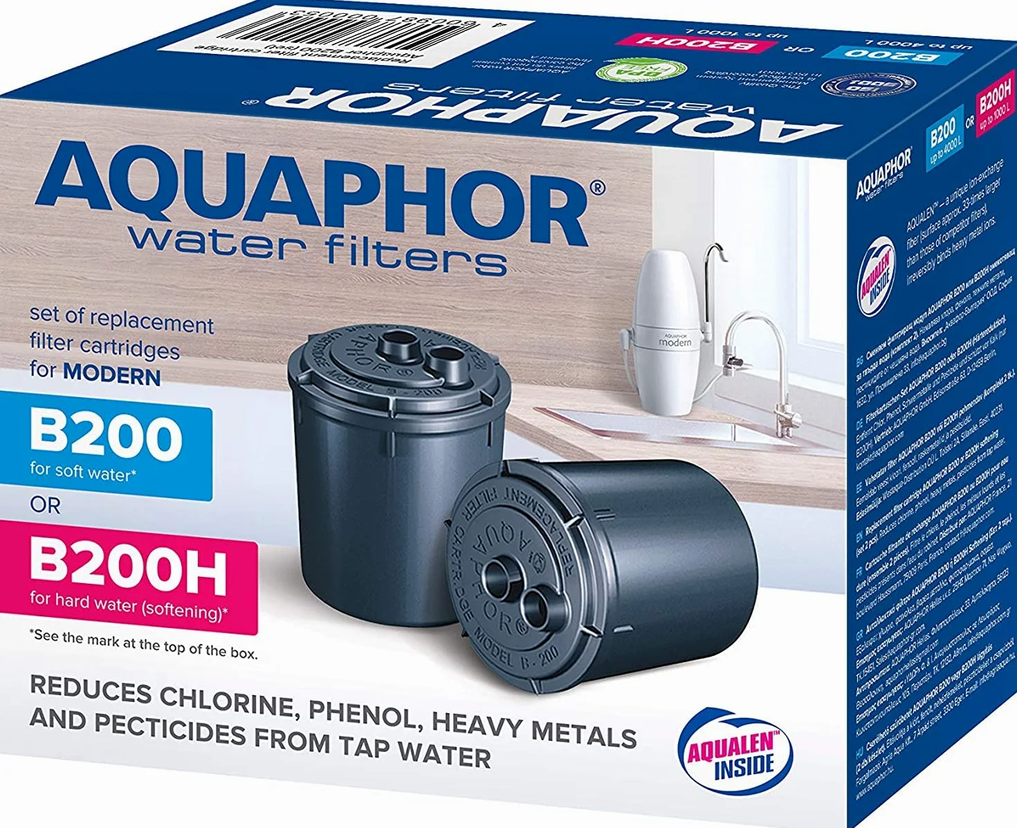 Aquaphor B200 Juego de dos cartuchos de repuesto originales para filtro de agua grifo "Aquaphor Modern" para agua dulce normal