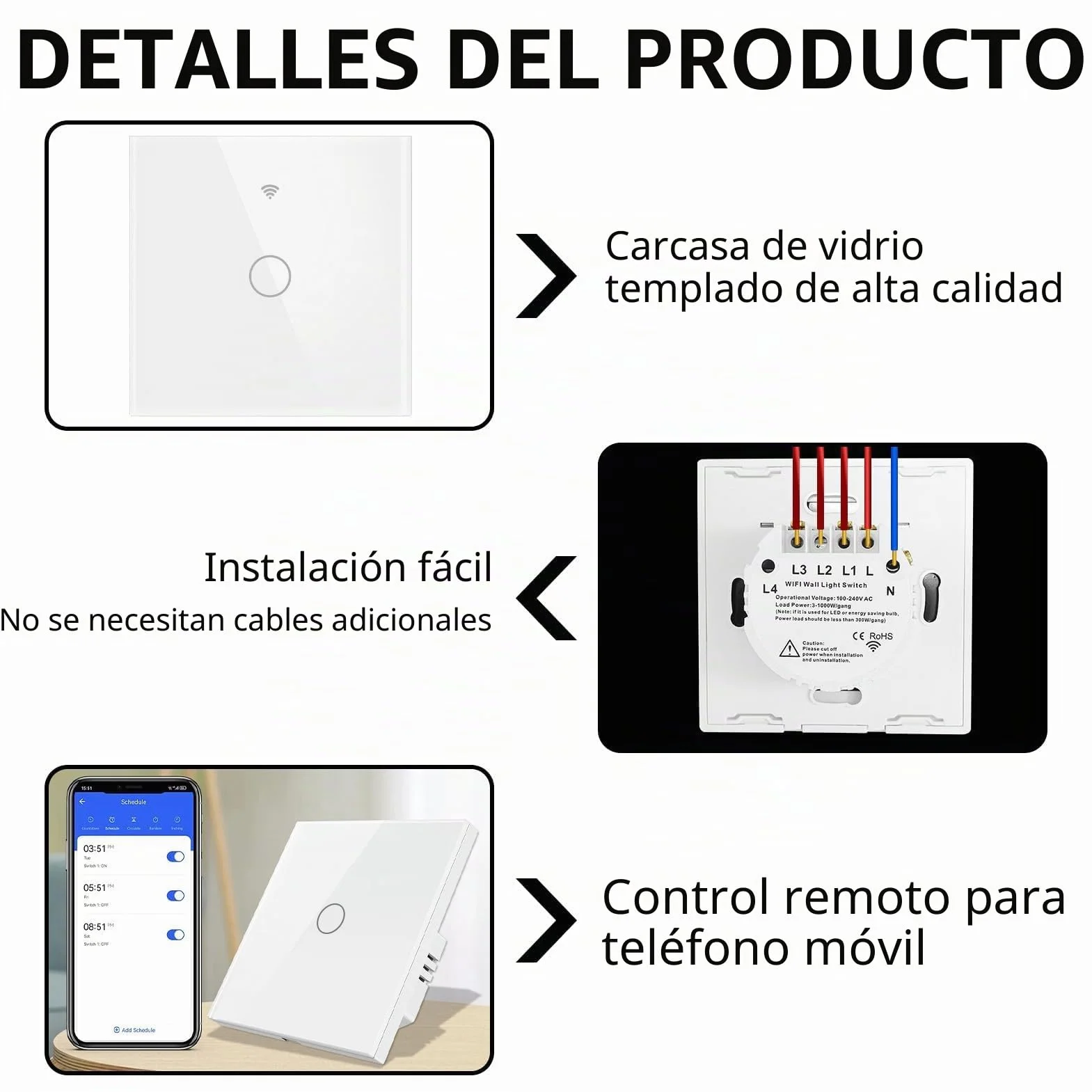 Interruptor Inteligente WIFI 1 Gang Táctil Vidrio Pared Compatible con Alexa Tuya Smart Life