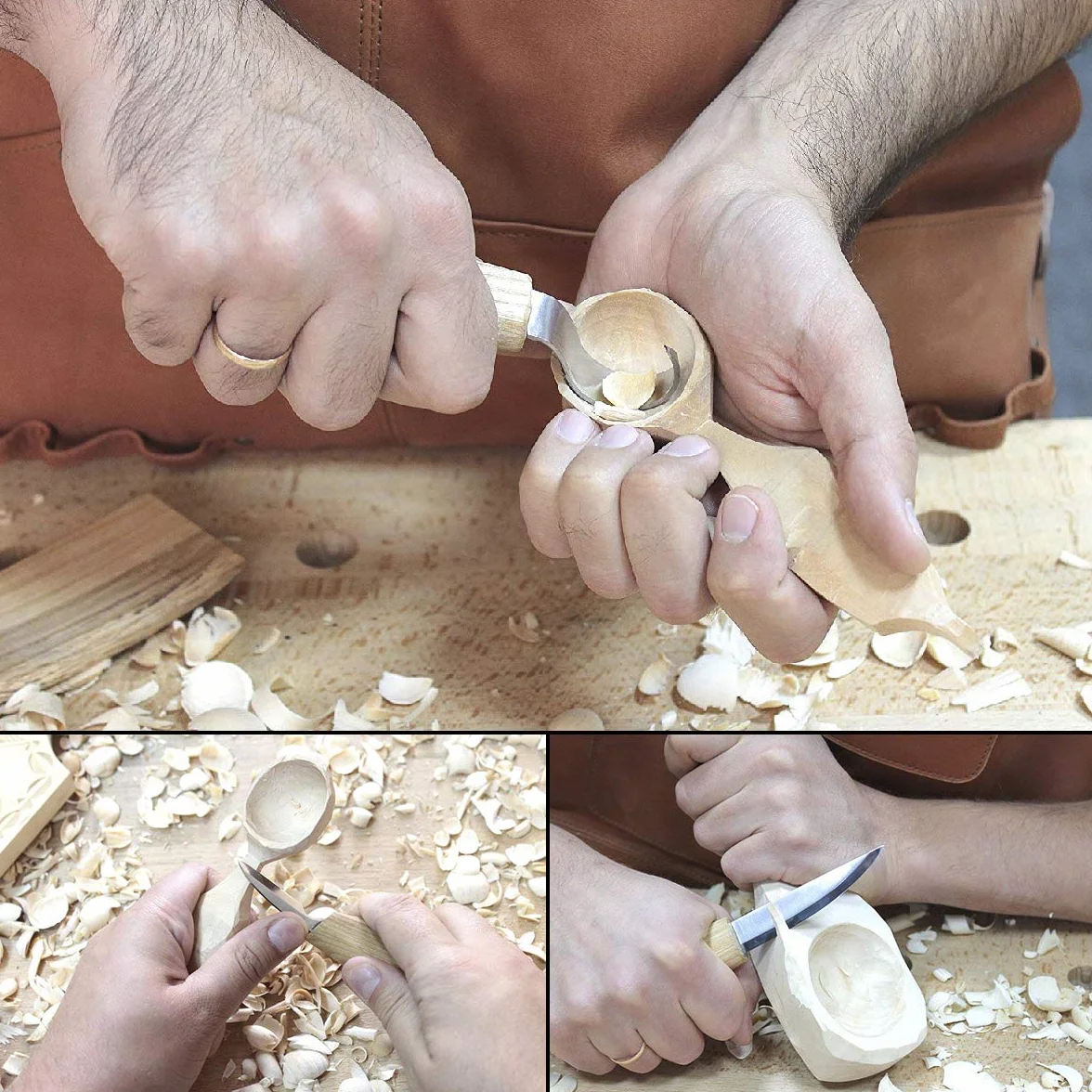 Cuchillo de Gancho de Talla de Madera para Tallar Cucharas, Tazones y Tazas, Herramientas de Tallado con Compuesto de Pulido de Cuero