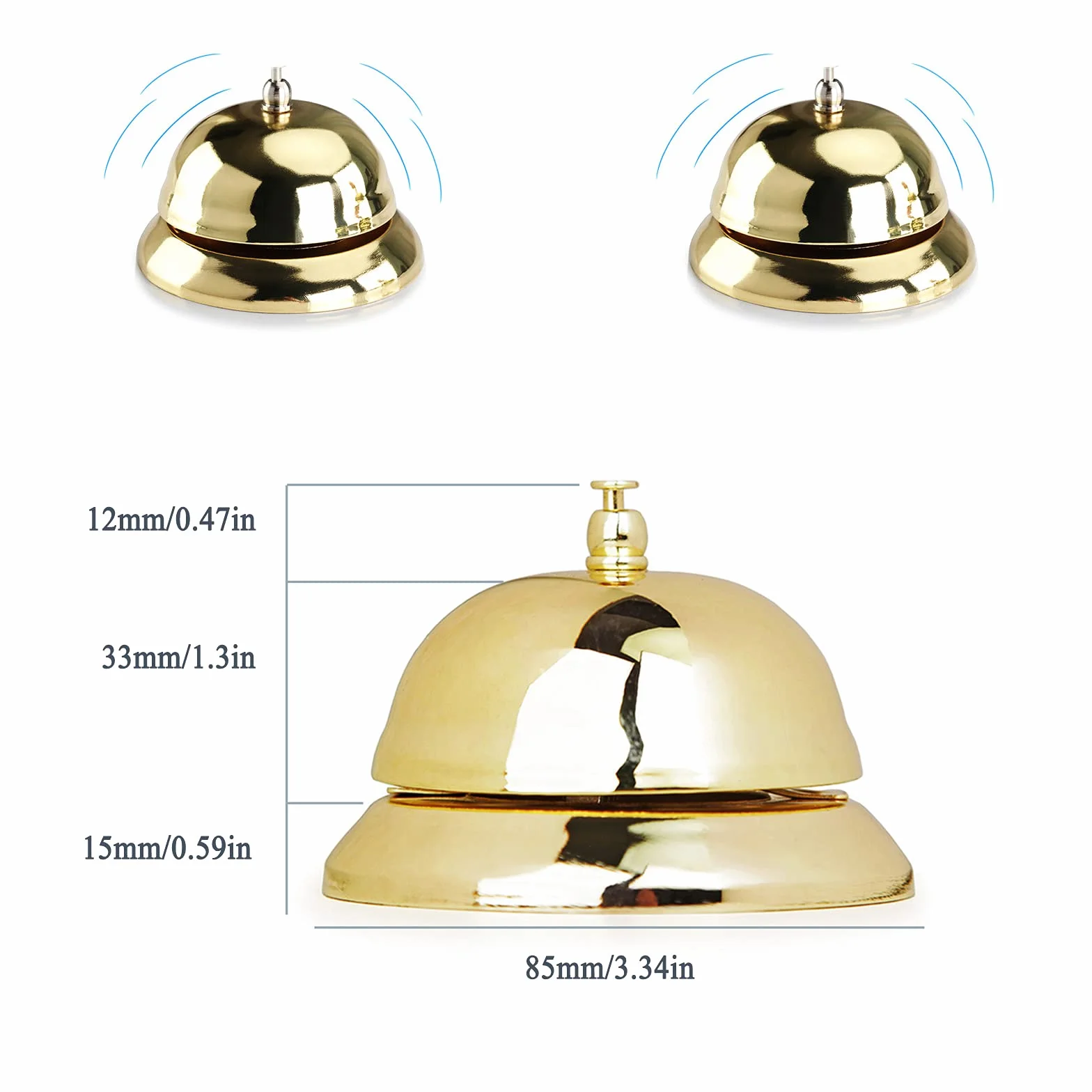 Campana de Servicio de Metal Tradicional Timbre de Mesa Timbre De Servicio Timbre De Recepción De Hotel 8.5cm de Diámetro para Hotel, Bar, Recepción，Restaurante,Mascotas Juego de Mesa 1 PCS （Dorado）