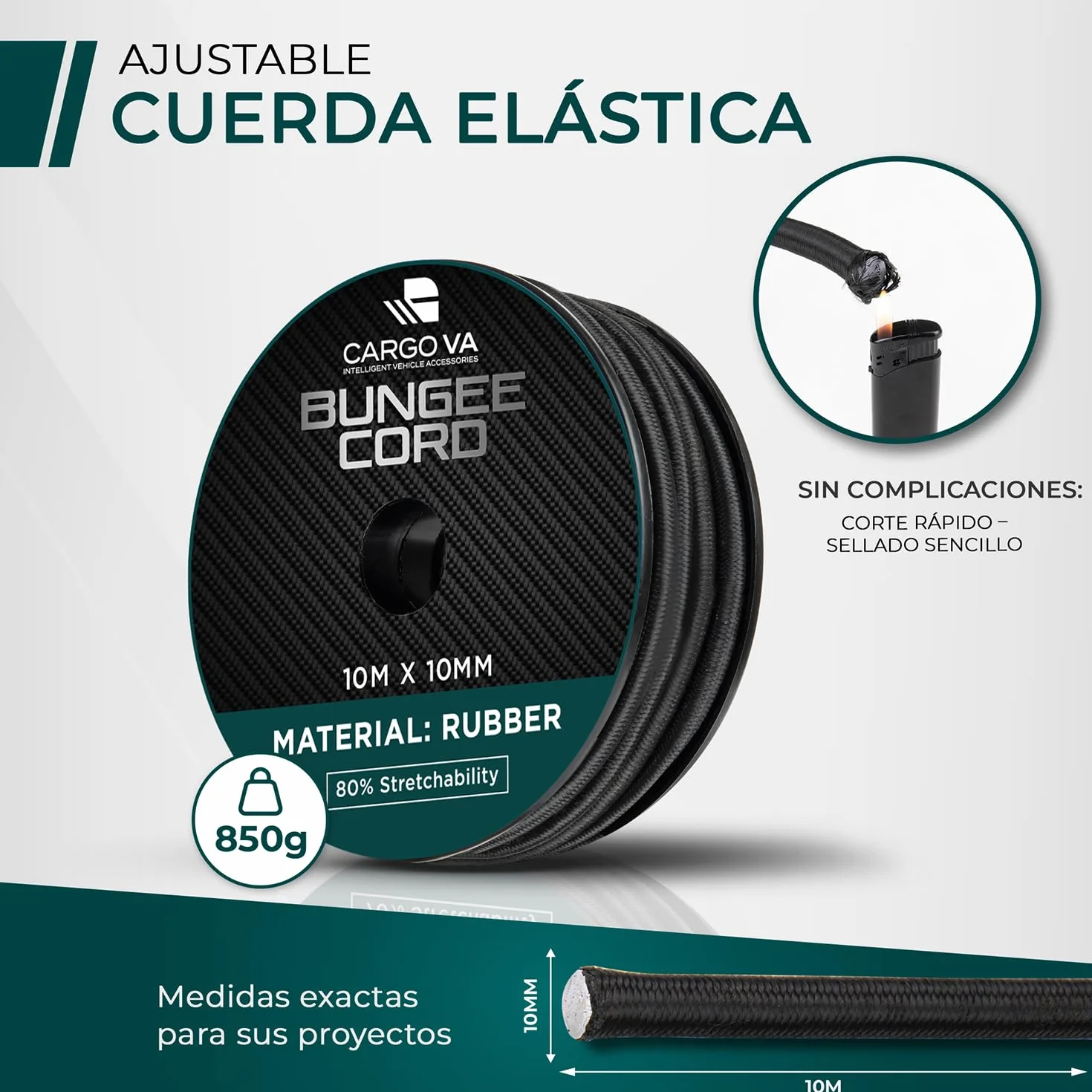 CargoVA - Cuerda elástica 10mm 10m Negra - Cuerda expansora 80% Elasticidad - Cuerda Resistente a la Intemperie para remolques, toldos, Lonas y más