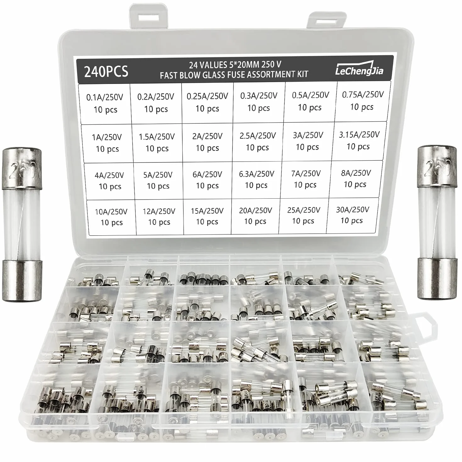 240 Piezas Fusibles de Vidrio 5x20mm 250V Rápida Fusión Kit 0.1-30A Caja Plástico
