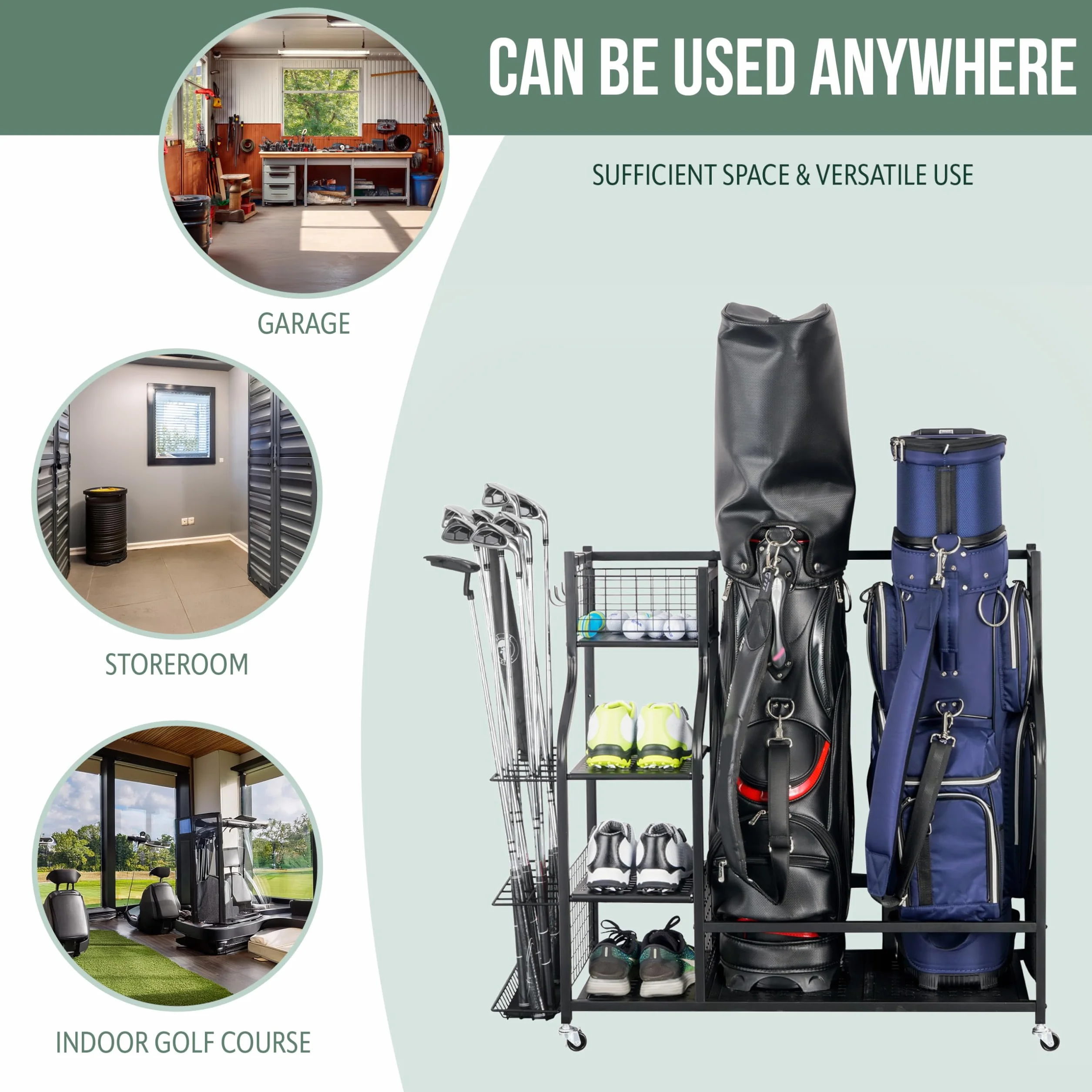 eluno Organizador de bolsas de golf con estantes estables y cestas, estante de almacenamiento para 2 bolsas de golf y accesorios de equipo de golf, soporte para bolsas de golf, de acero negro