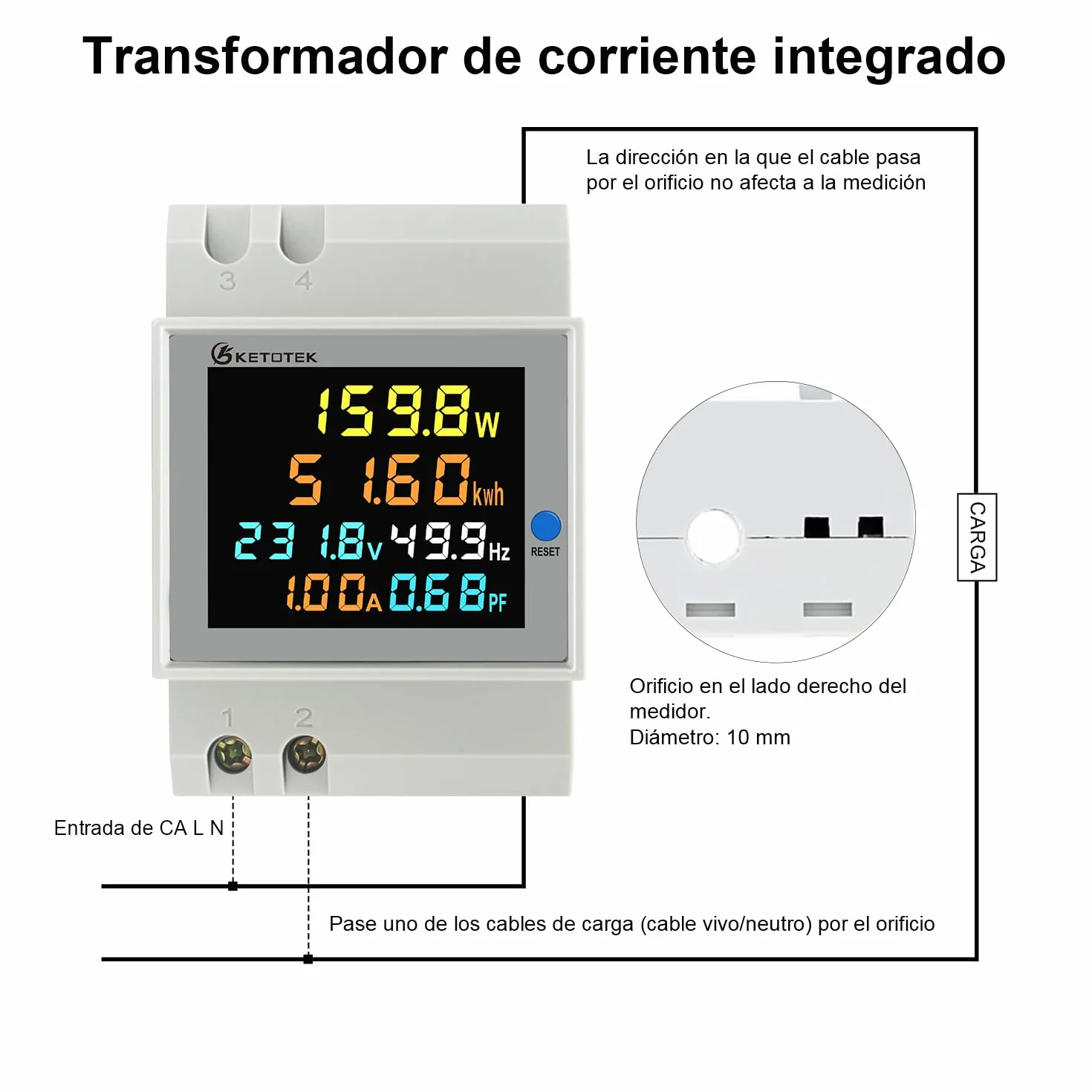 KETOTEK Medidor de Energía Digital 6 en 1 AC40-300V 100A Voltímetro Amperímetro Carril Din, Contador Eléctrico Monofásico Medición del Consumo de Voltaje Corriente Factor de Potencia Frecuencia
