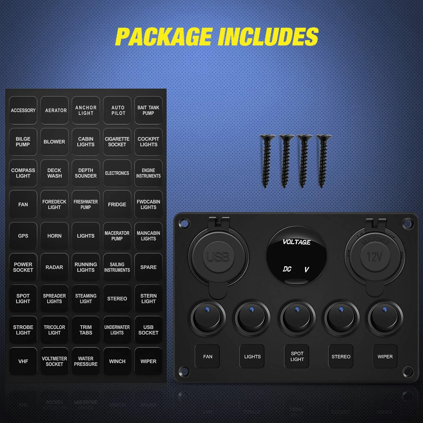 Greluma 1 Pieza Panel de interruptores basculantes 5 posiciones con interruptores automáticos,fusible línea de 15A,voltímetro digital,cargador USB y toma de encendedor 12V para barcos,automóviles